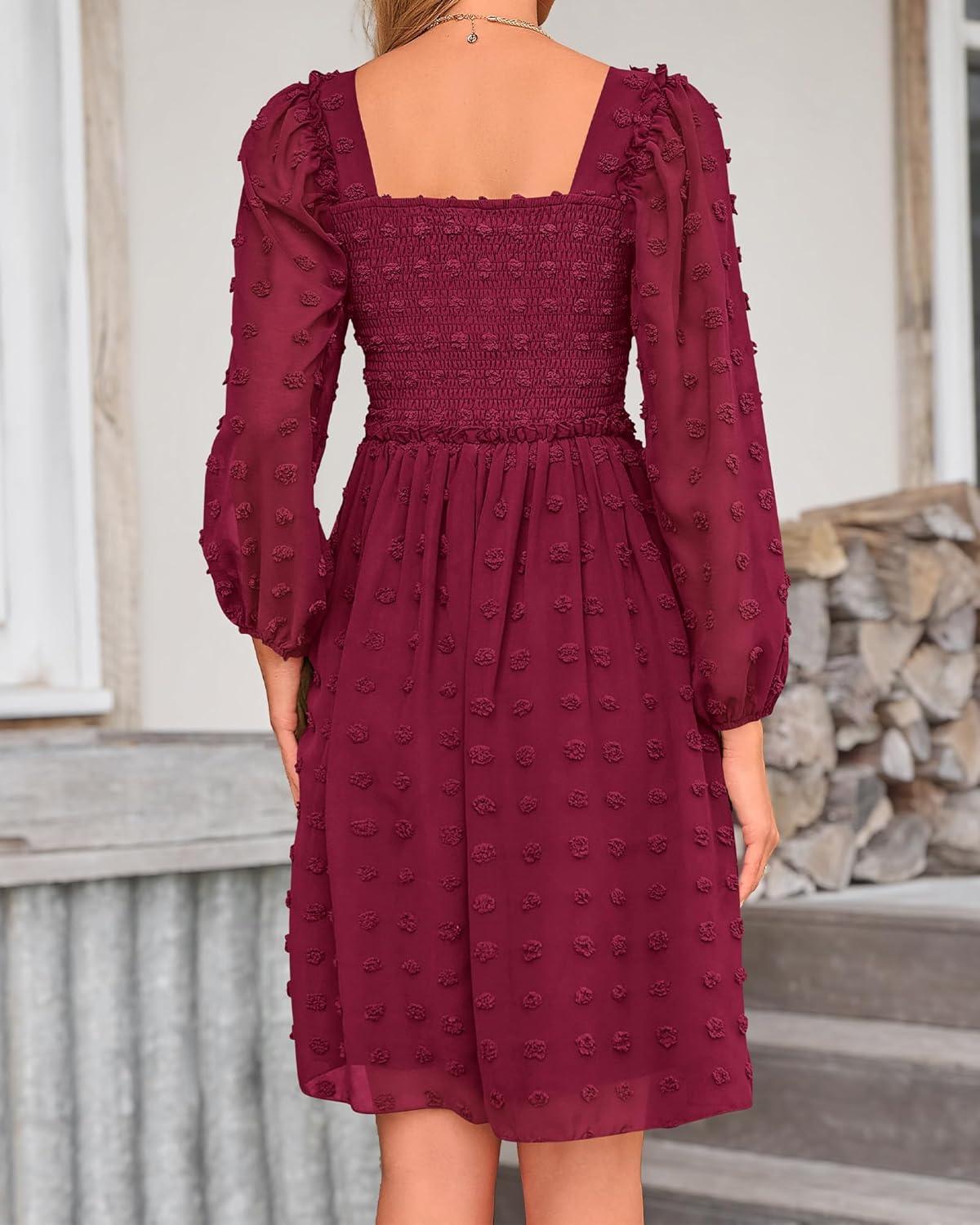 imageBTFBM Women Square Neck Smocked Dresses 2025 Summer Spring Long Sleeve Floral Swiss Dot Mini Boho Wedding Guest DressSwiss Dot Wine Red