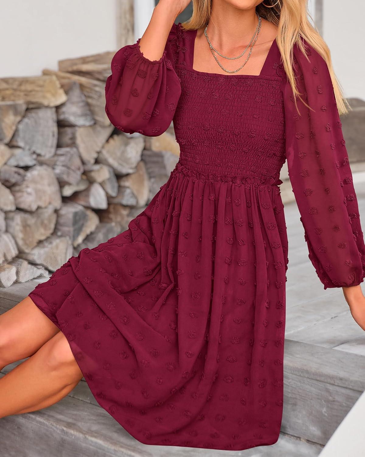 imageBTFBM Women Square Neck Smocked Dresses 2025 Summer Spring Long Sleeve Floral Swiss Dot Mini Boho Wedding Guest DressSwiss Dot Wine Red