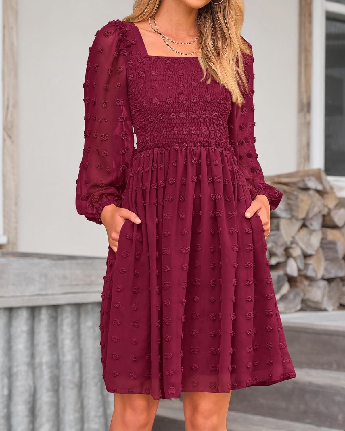 imageBTFBM Women Square Neck Smocked Dresses 2025 Summer Spring Long Sleeve Floral Swiss Dot Mini Boho Wedding Guest DressSwiss Dot Wine Red