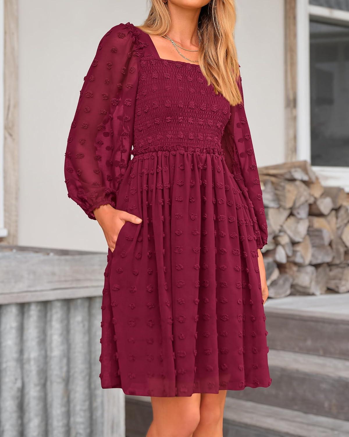 imageBTFBM Women Square Neck Smocked Dresses 2025 Summer Spring Long Sleeve Floral Swiss Dot Mini Boho Wedding Guest DressSwiss Dot Wine Red