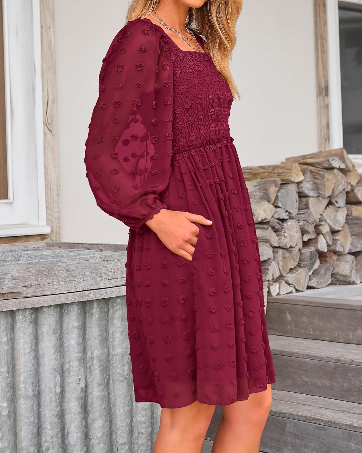 imageBTFBM Women Square Neck Smocked Dresses 2025 Summer Spring Long Sleeve Floral Swiss Dot Mini Boho Wedding Guest DressSwiss Dot Wine Red