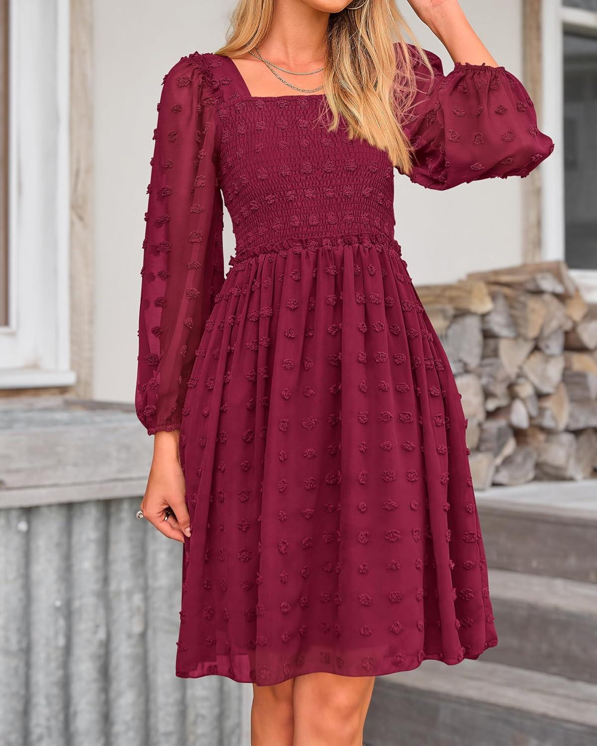 imageBTFBM Women Square Neck Smocked Dresses 2025 Summer Spring Long Sleeve Floral Swiss Dot Mini Boho Wedding Guest DressSwiss Dot Wine Red