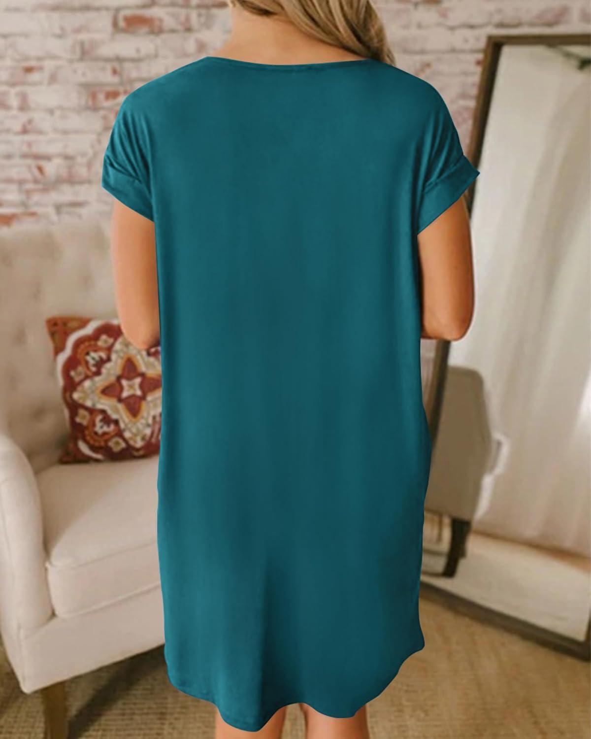 imageBTFBM Women V Neck Short Sleeve Summer Dresses Beach 2025 Spring Casual Loose Tunic Short TShirt Dress Pajamas PocketsDark Lake Blue