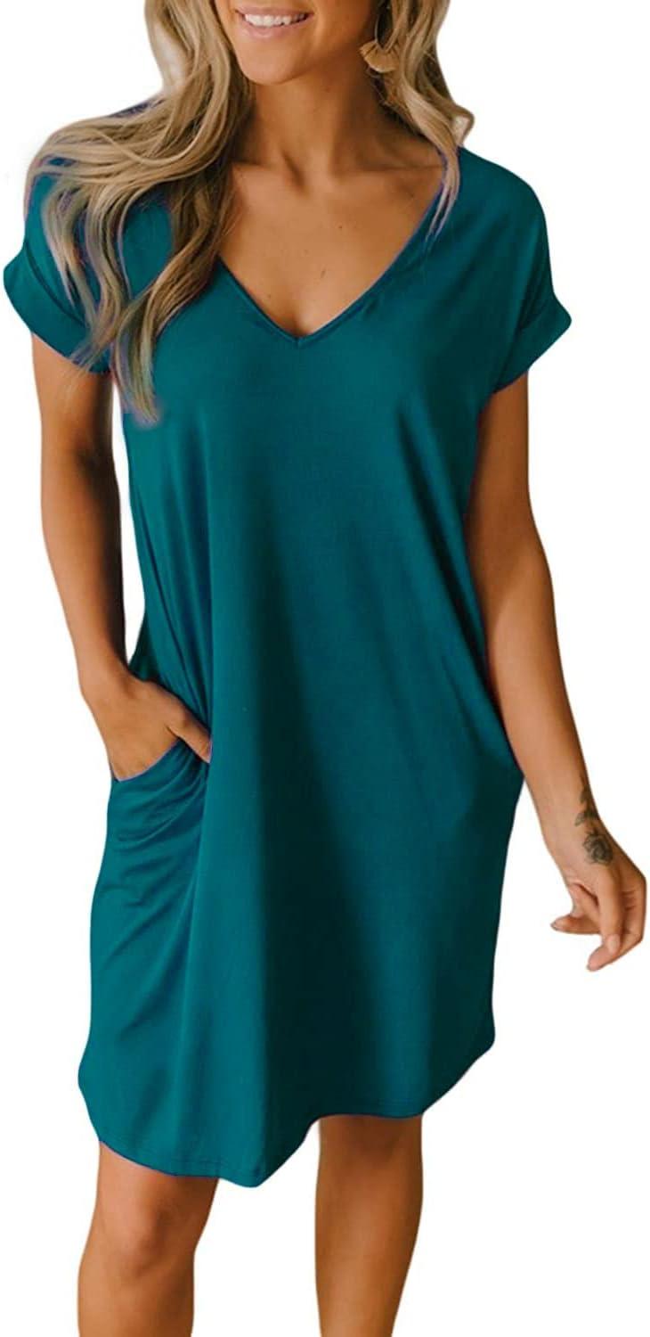 imageBTFBM Women V Neck Short Sleeve Summer Dresses Beach 2025 Spring Casual Loose Tunic Short TShirt Dress Pajamas PocketsDark Lake Blue