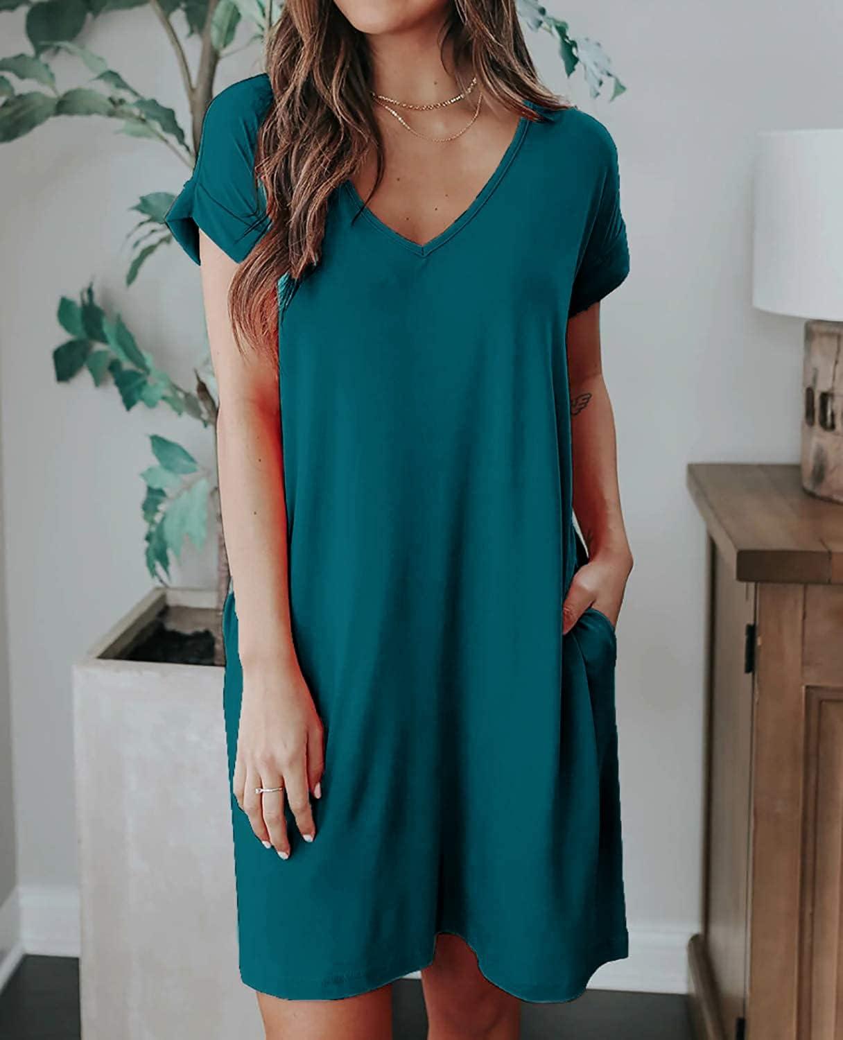 imageBTFBM Women V Neck Short Sleeve Summer Dresses Beach 2025 Spring Casual Loose Tunic Short TShirt Dress Pajamas PocketsDark Lake Blue