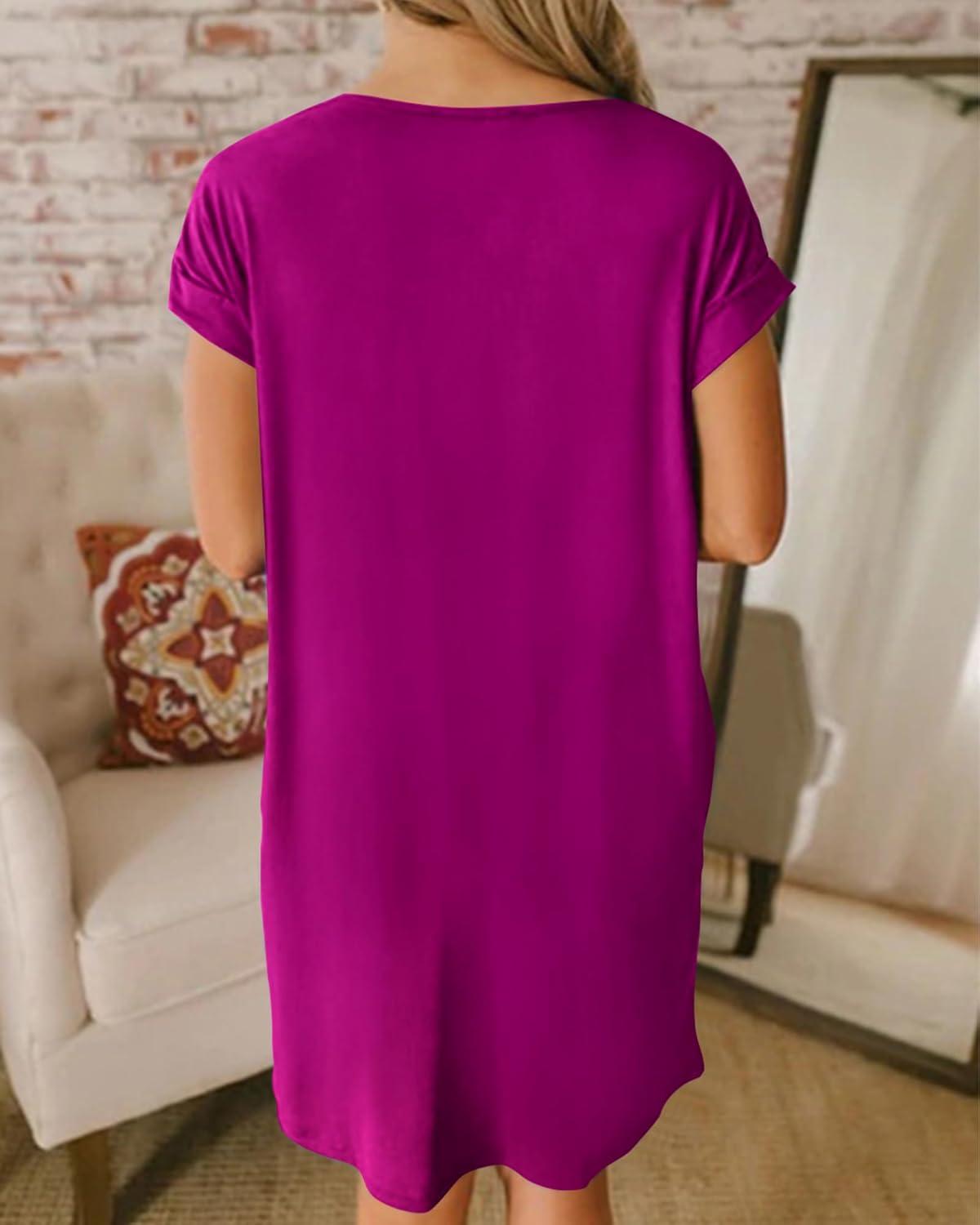 imageBTFBM Women V Neck Short Sleeve Summer Dresses Beach 2025 Spring Casual Loose Tunic Short TShirt Dress Pajamas PocketsDark Purple Red