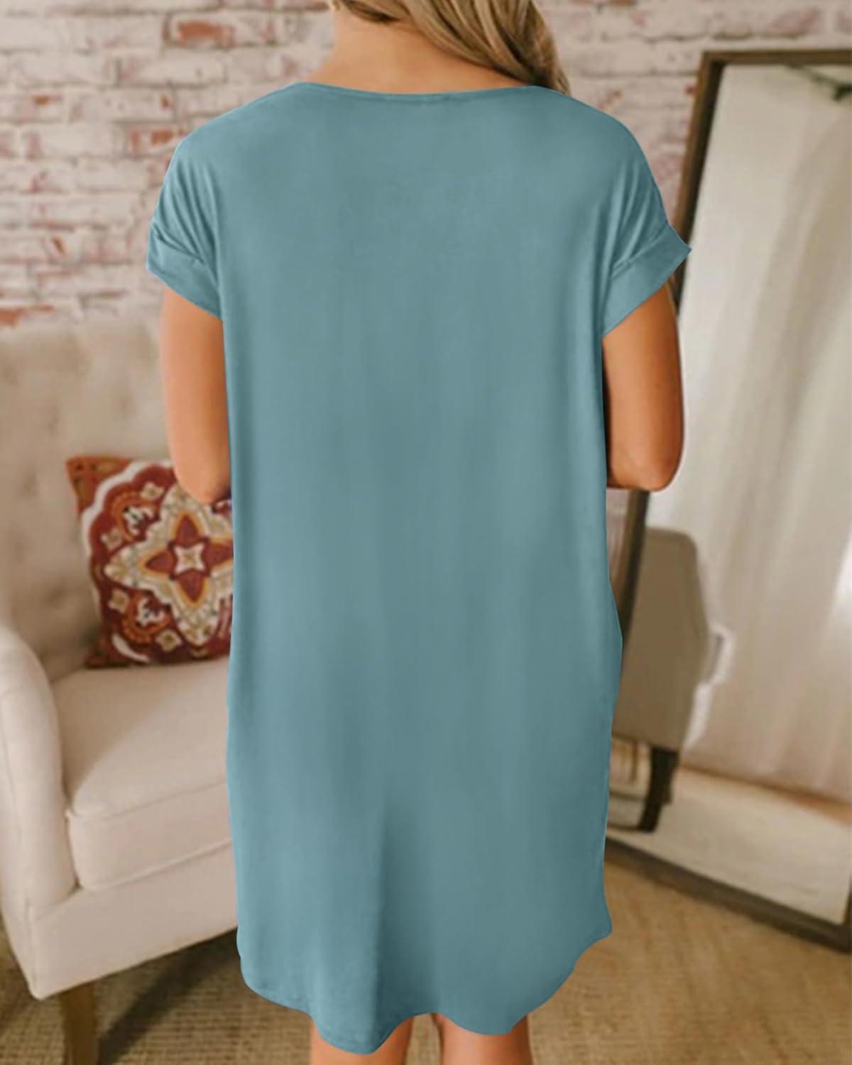 imageBTFBM Women V Neck Short Sleeve Summer Dresses Beach 2025 Spring Casual Loose Tunic Short TShirt Dress Pajamas PocketsGrey Blue