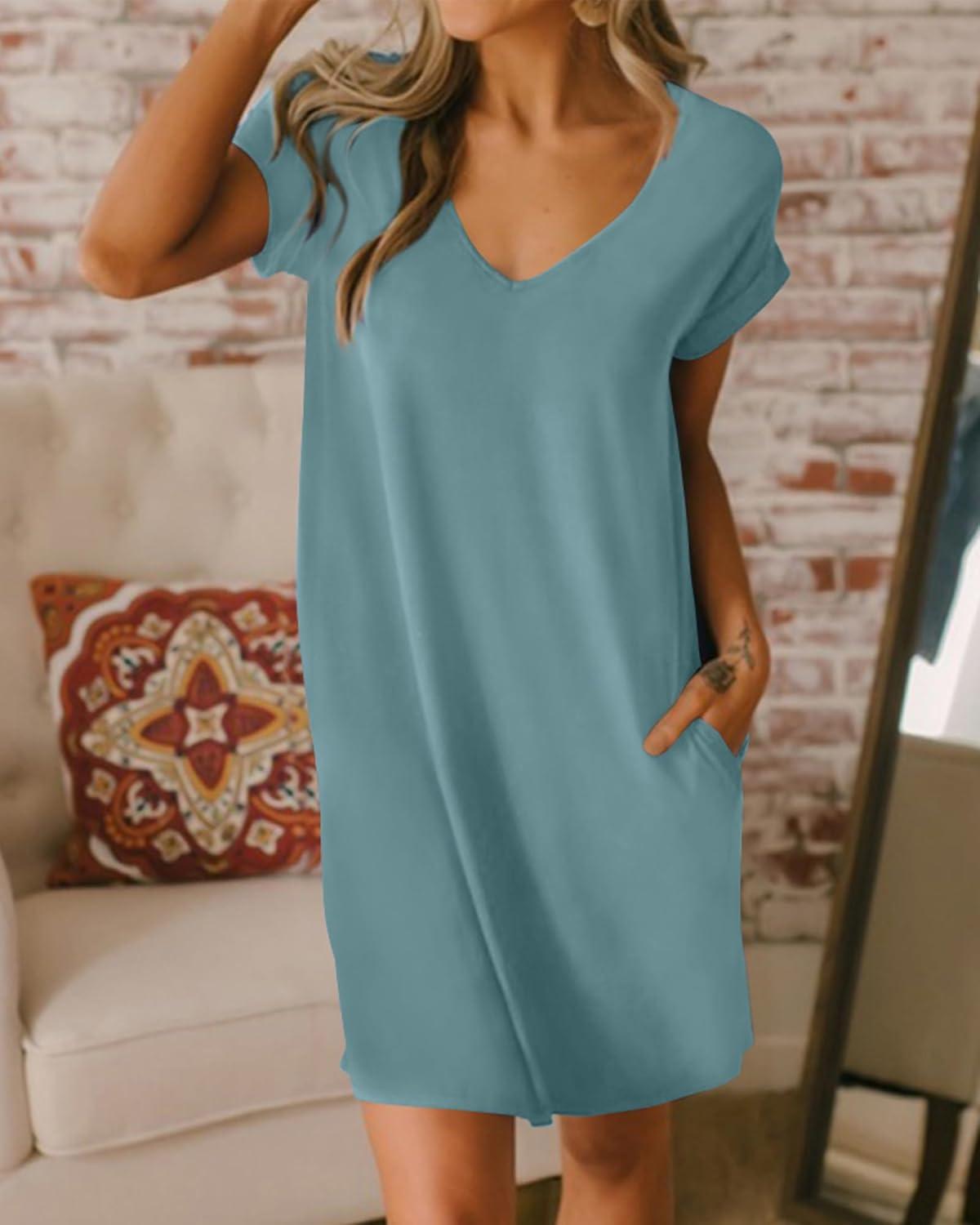 imageBTFBM Women V Neck Short Sleeve Summer Dresses Beach 2025 Spring Casual Loose Tunic Short TShirt Dress Pajamas PocketsGrey Blue