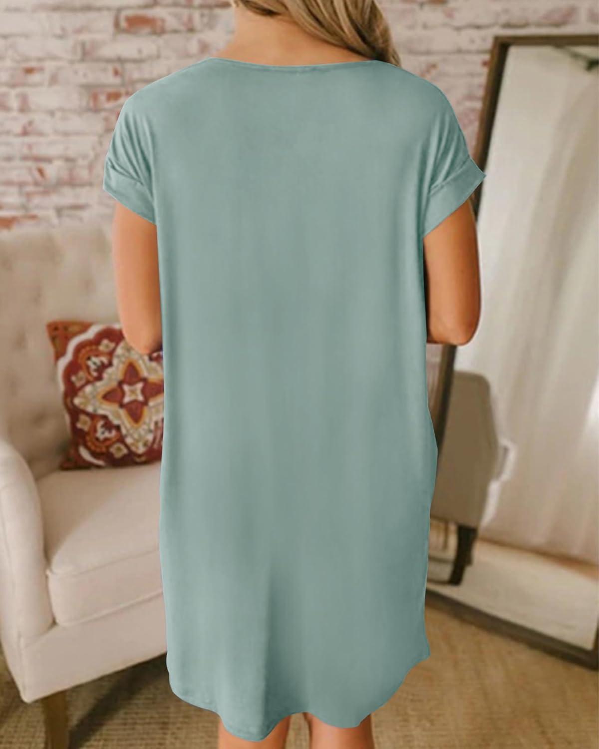 imageBTFBM Women V Neck Short Sleeve Summer Dresses Beach 2025 Spring Casual Loose Tunic Short TShirt Dress Pajamas PocketsGrey Green