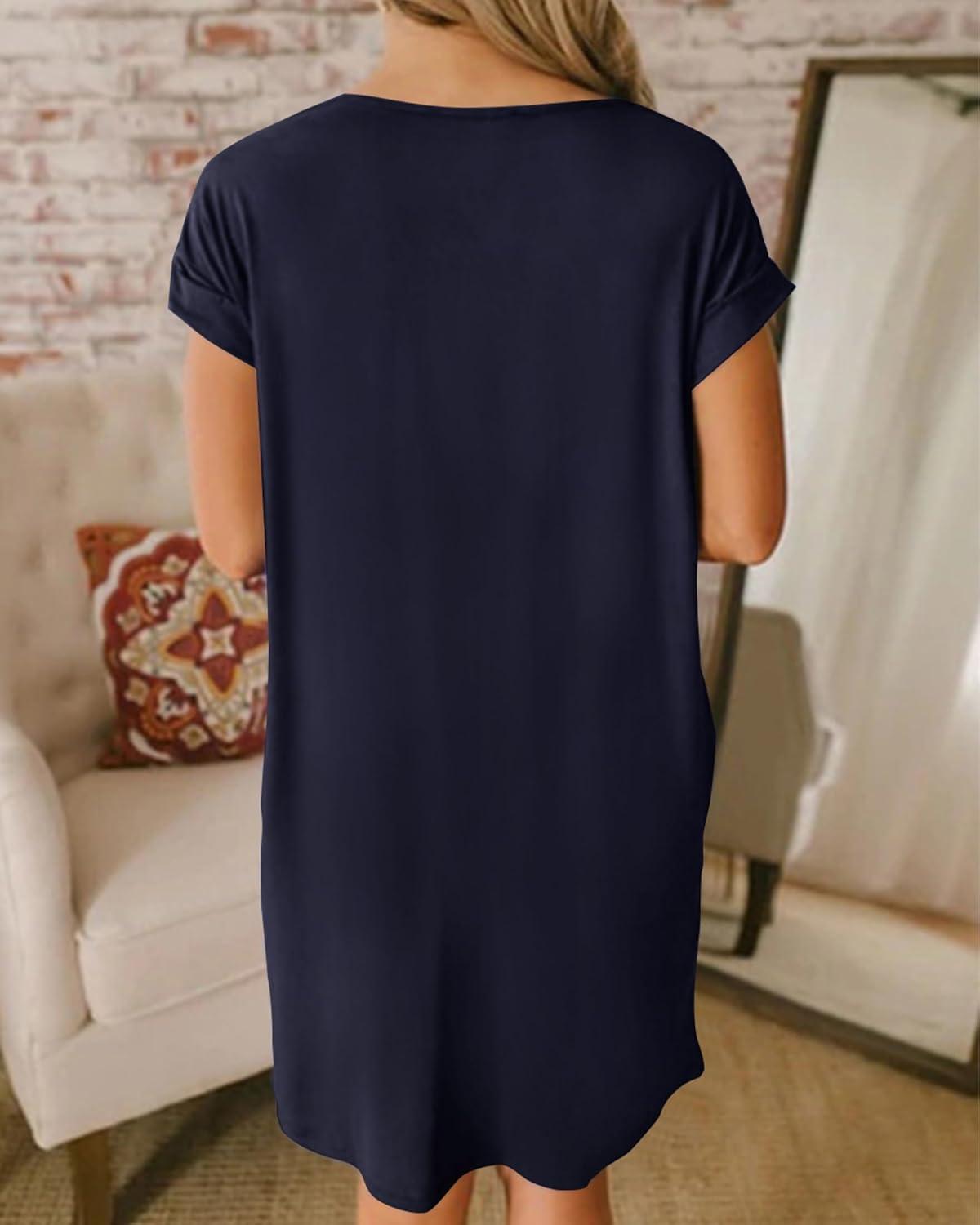 imageBTFBM Women V Neck Short Sleeve Summer Dresses Beach 2025 Spring Casual Loose Tunic Short TShirt Dress Pajamas PocketsNavy