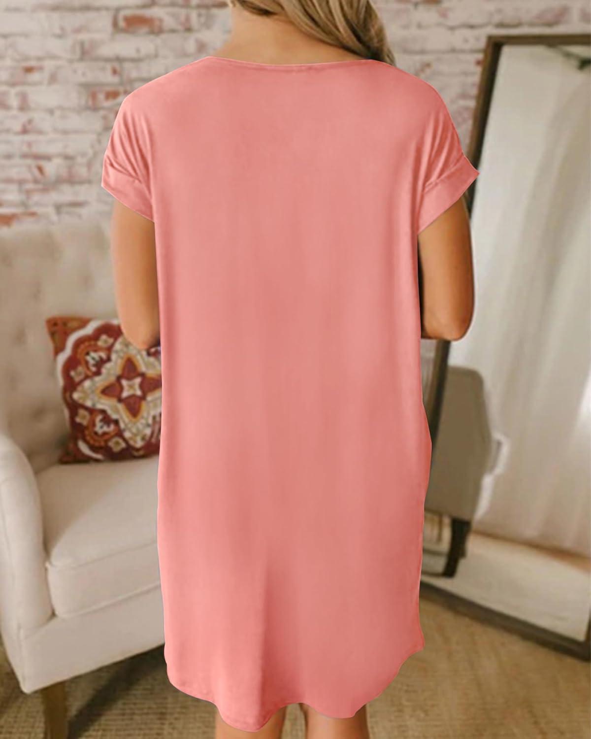 imageBTFBM Women V Neck Short Sleeve Summer Dresses Beach 2025 Spring Casual Loose Tunic Short TShirt Dress Pajamas PocketsPink