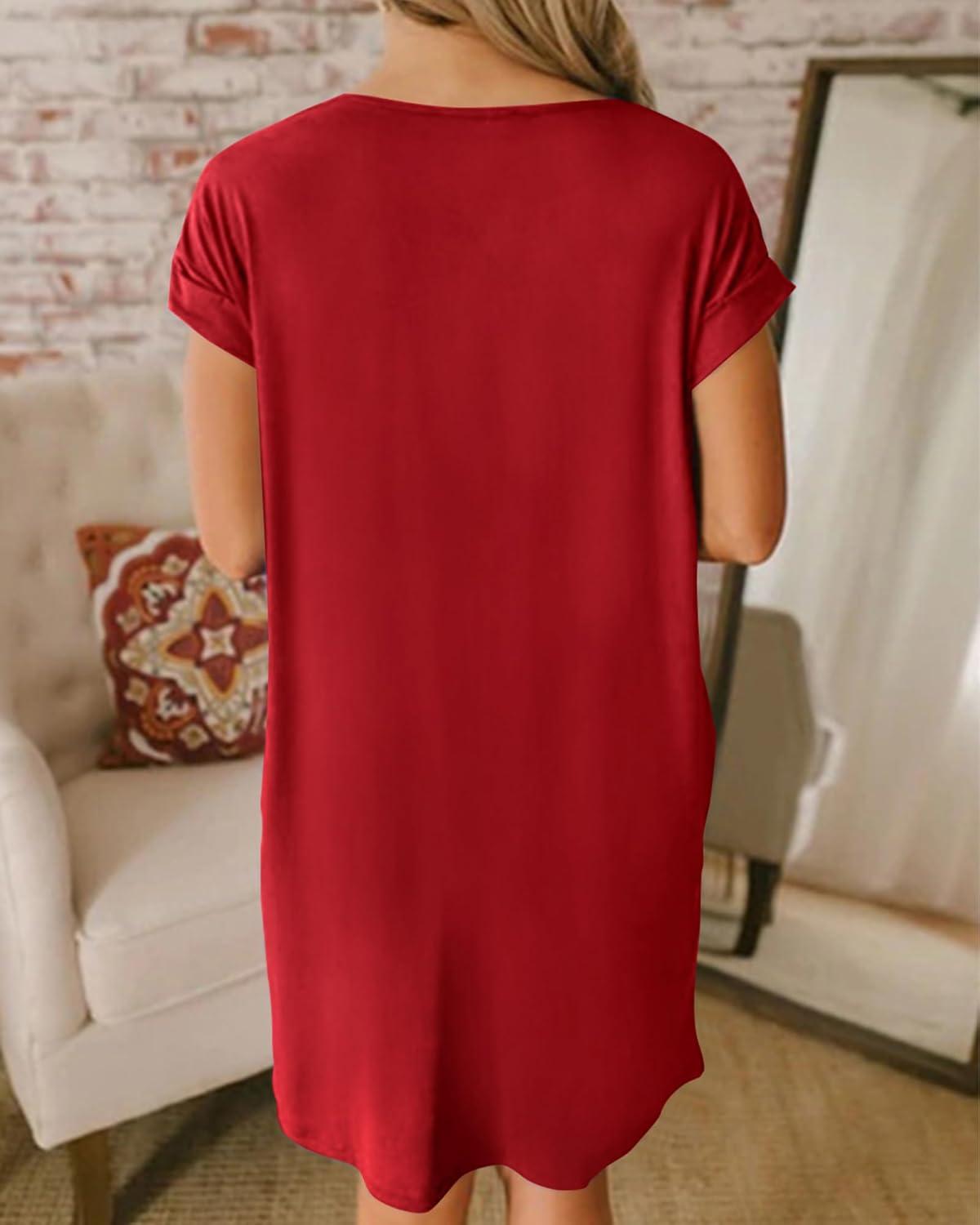 imageBTFBM Women V Neck Short Sleeve Summer Dresses Beach 2025 Spring Casual Loose Tunic Short TShirt Dress Pajamas PocketsRed