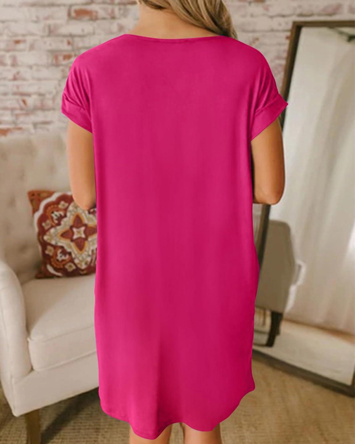 imageBTFBM Women V Neck Short Sleeve Summer Dresses Beach 2025 Spring Casual Loose Tunic Short TShirt Dress Pajamas PocketsRose Red