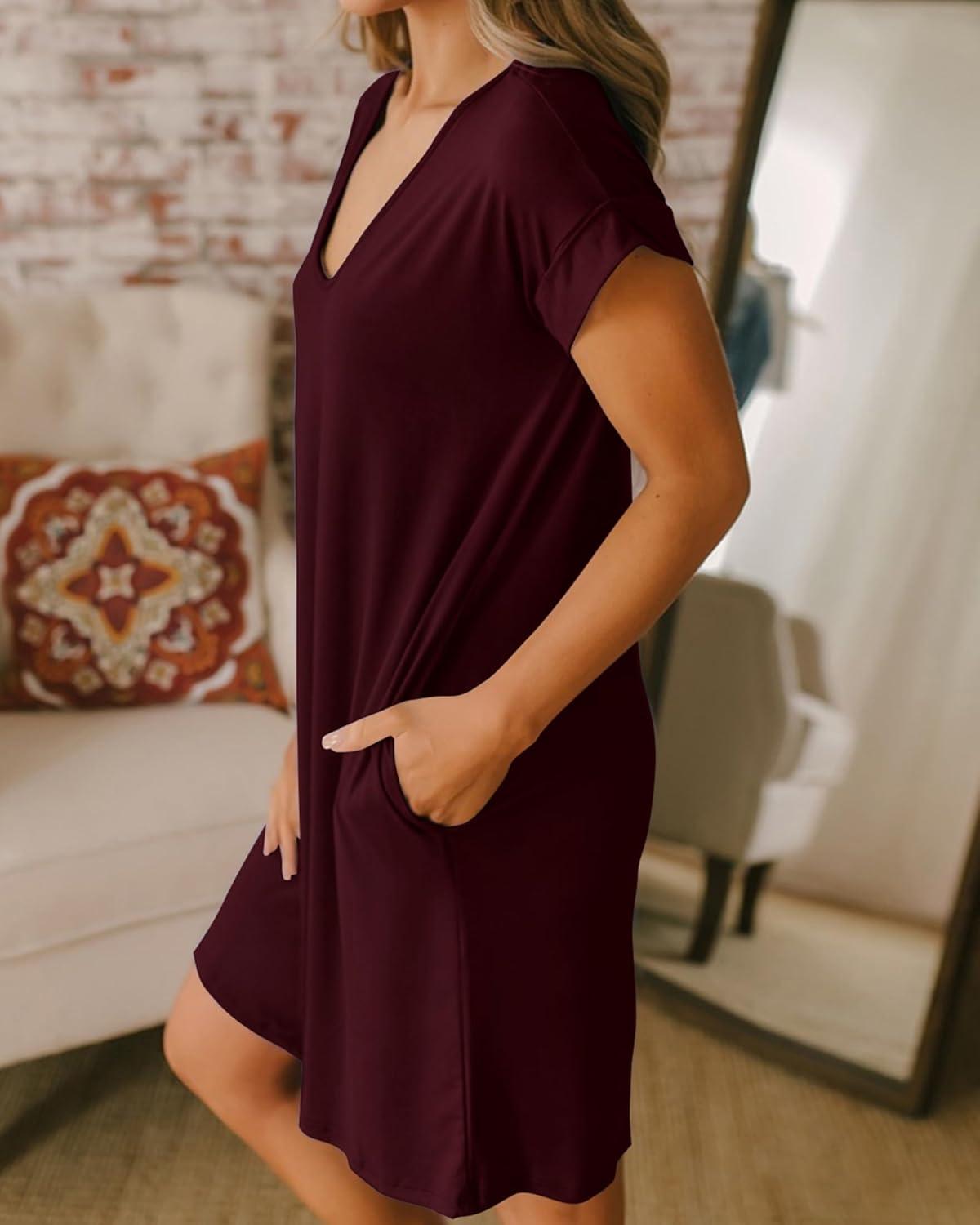 imageBTFBM Women V Neck Short Sleeve Summer Dresses Beach 2025 Spring Casual Loose Tunic Short TShirt Dress Pajamas PocketsWine Red