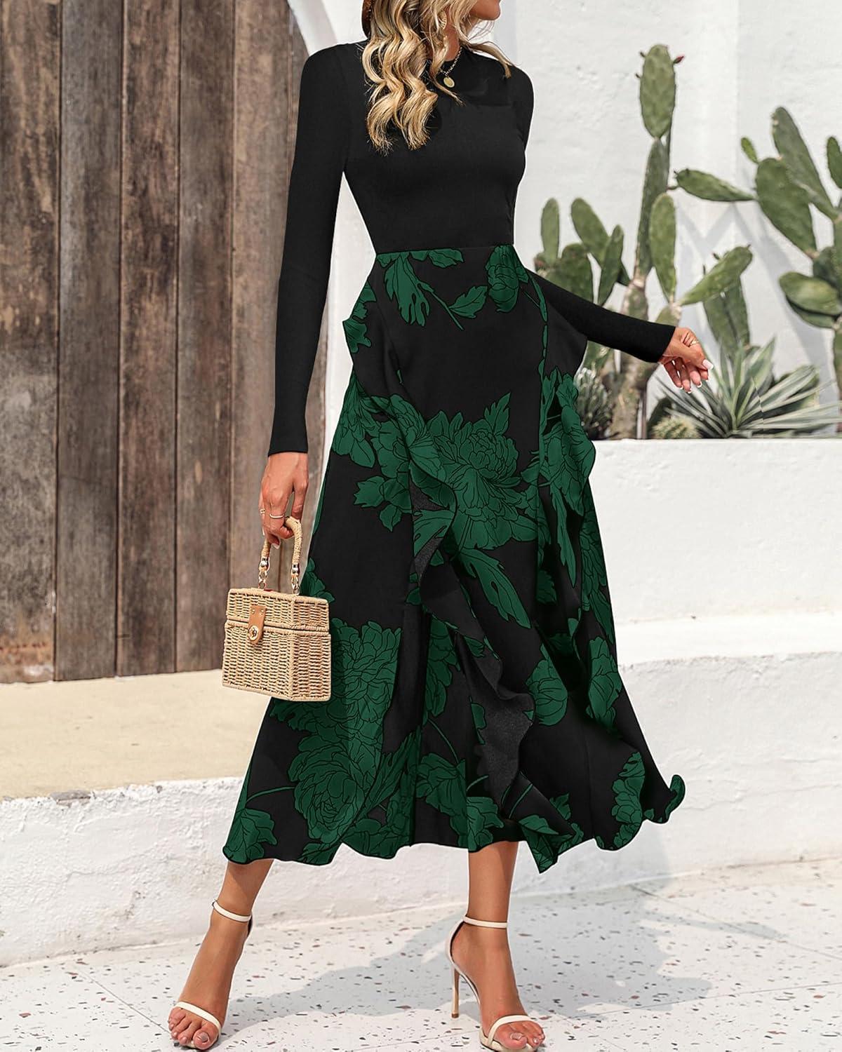 imageBTFBM Womens Floral Maxi Dress 2025 Spring Fall Casual Crewneck Long Sleeve Ruffle Flowy Cocktail Wedding Guest DressesBig Floral Dark Green