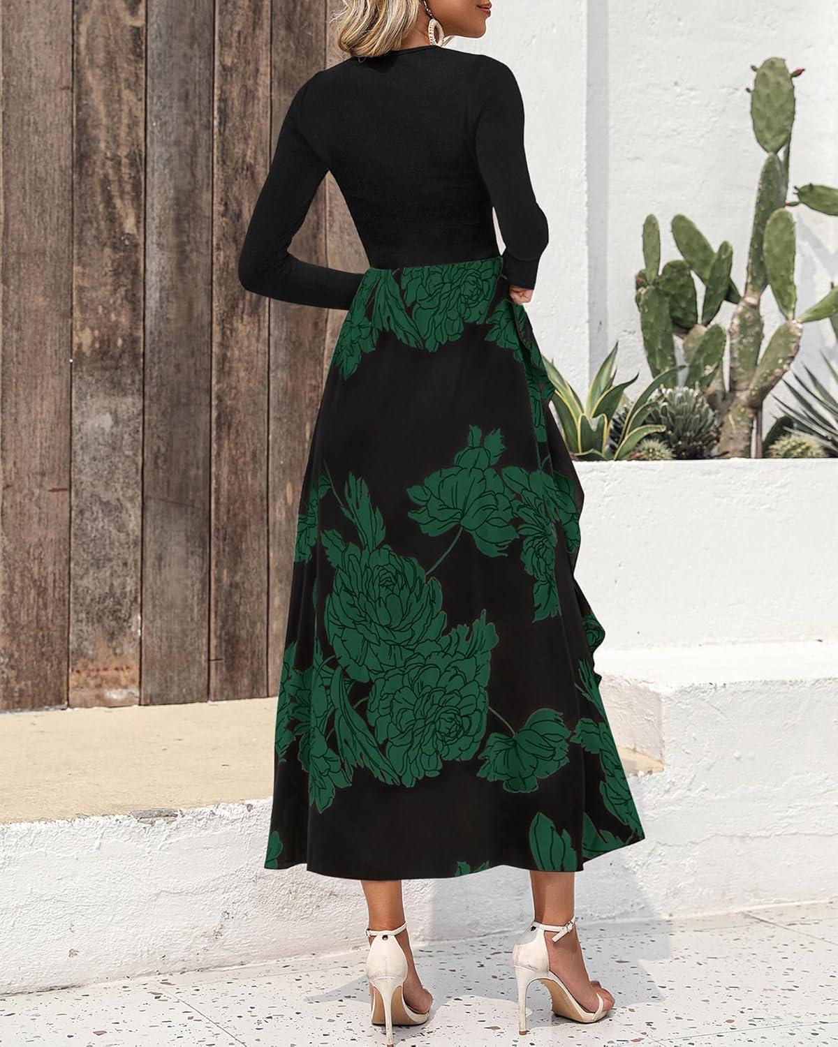 imageBTFBM Womens Floral Maxi Dress 2025 Spring Fall Casual Crewneck Long Sleeve Ruffle Flowy Cocktail Wedding Guest DressesBig Floral Dark Green