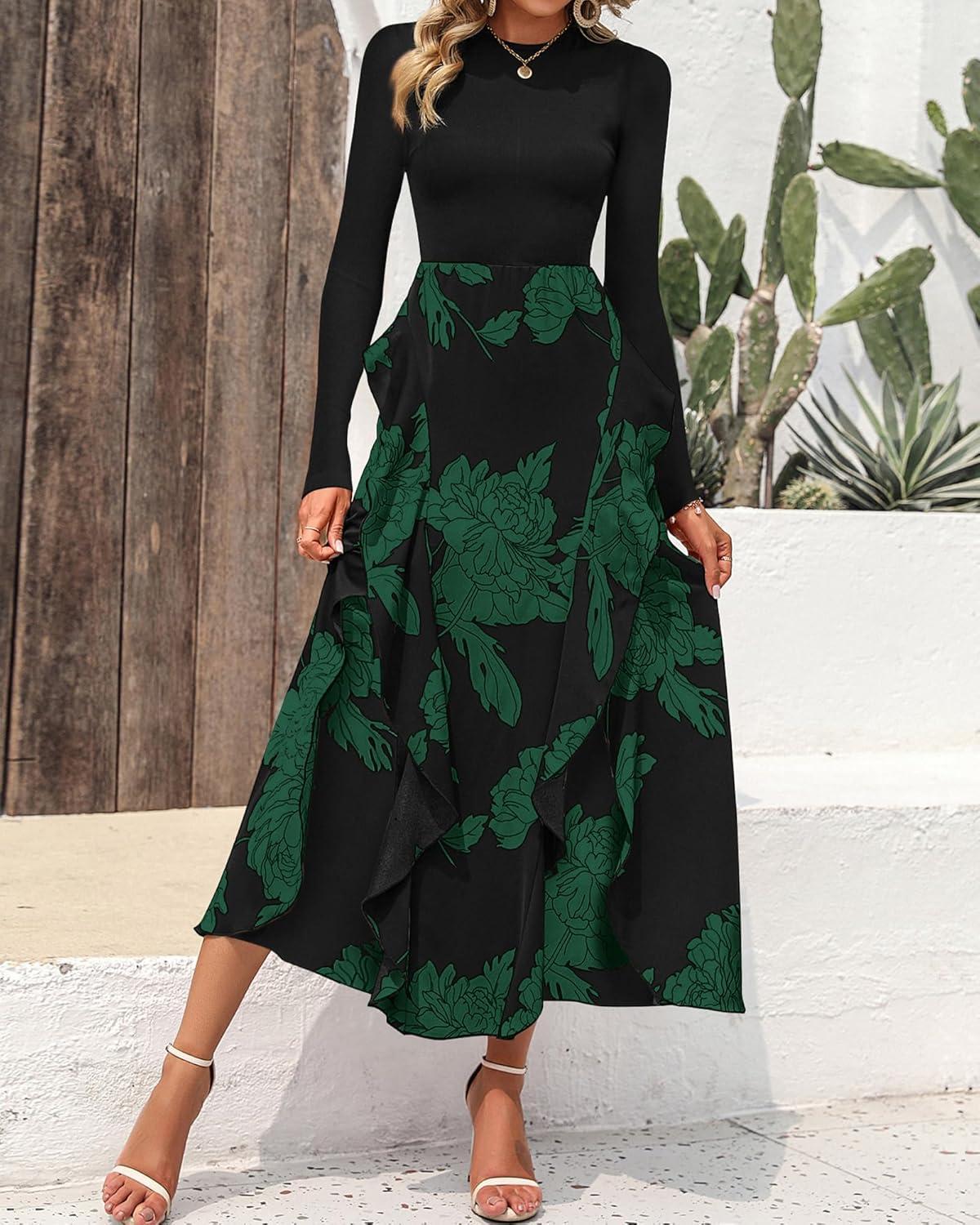 imageBTFBM Womens Floral Maxi Dress 2025 Spring Fall Casual Crewneck Long Sleeve Ruffle Flowy Cocktail Wedding Guest DressesBig Floral Dark Green
