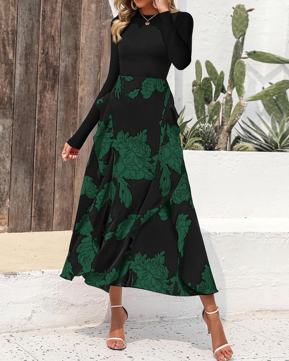 imageBTFBM Womens Floral Maxi Dress 2025 Spring Fall Casual Crewneck Long Sleeve Ruffle Flowy Cocktail Wedding Guest DressesBig Floral Dark Green