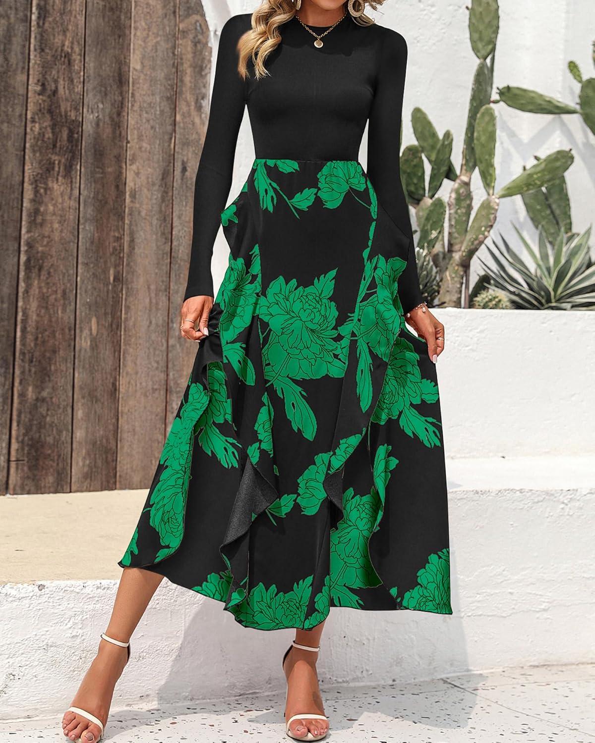 imageBTFBM Womens Floral Maxi Dress 2025 Spring Fall Casual Crewneck Long Sleeve Ruffle Flowy Cocktail Wedding Guest DressesBig Floral Green