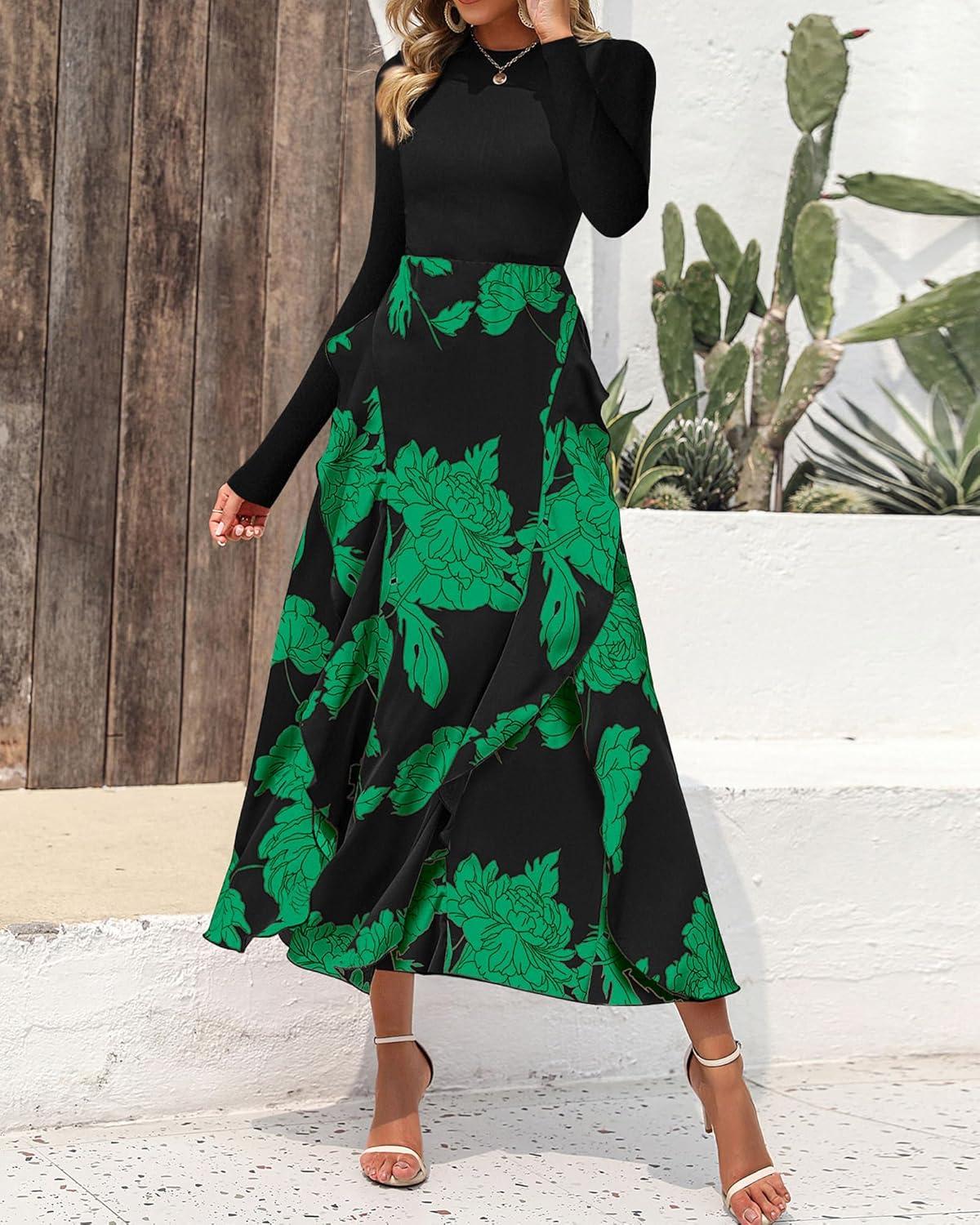 imageBTFBM Womens Floral Maxi Dress 2025 Spring Fall Casual Crewneck Long Sleeve Ruffle Flowy Cocktail Wedding Guest DressesBig Floral Green