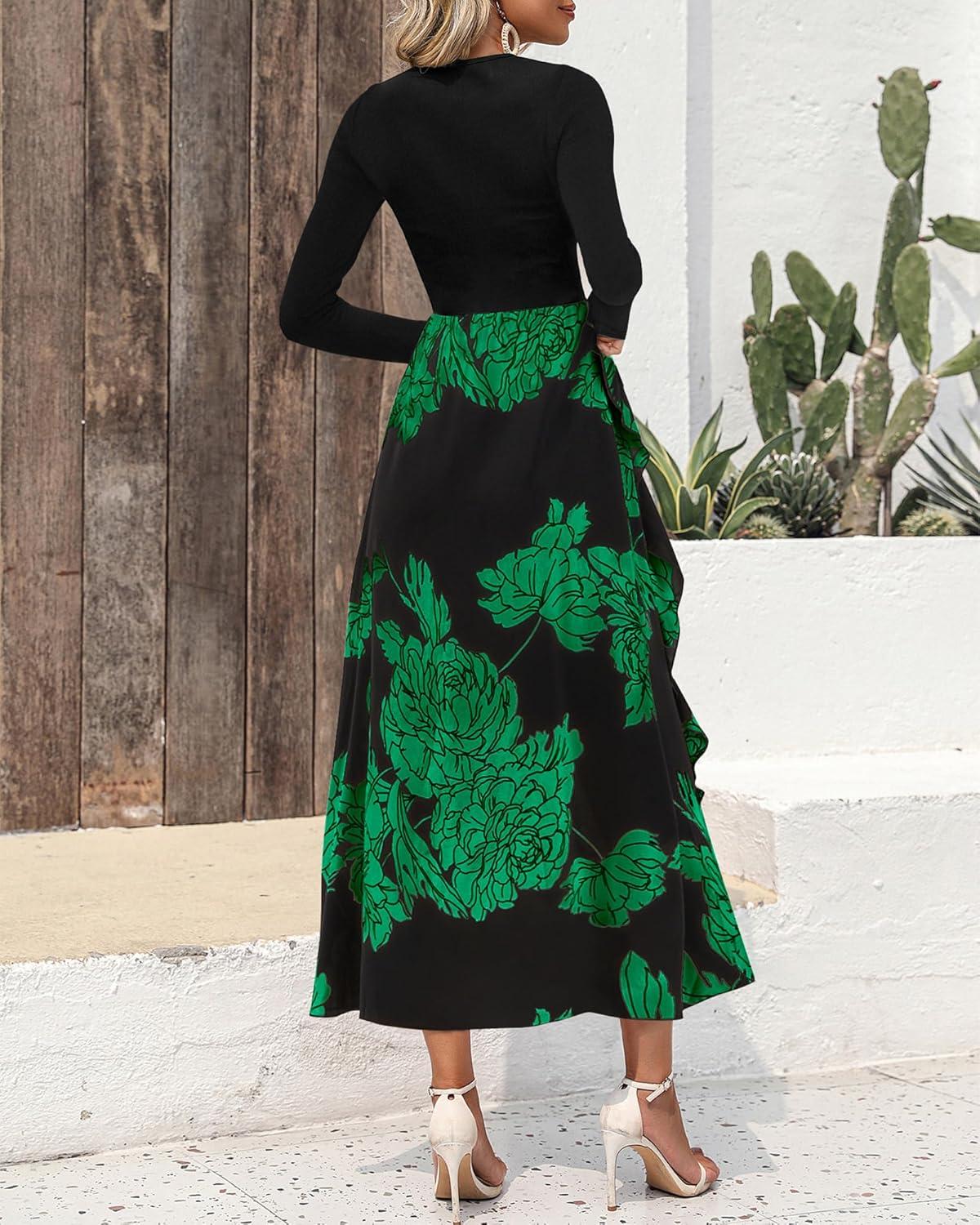 imageBTFBM Womens Floral Maxi Dress 2025 Spring Fall Casual Crewneck Long Sleeve Ruffle Flowy Cocktail Wedding Guest DressesBig Floral Green