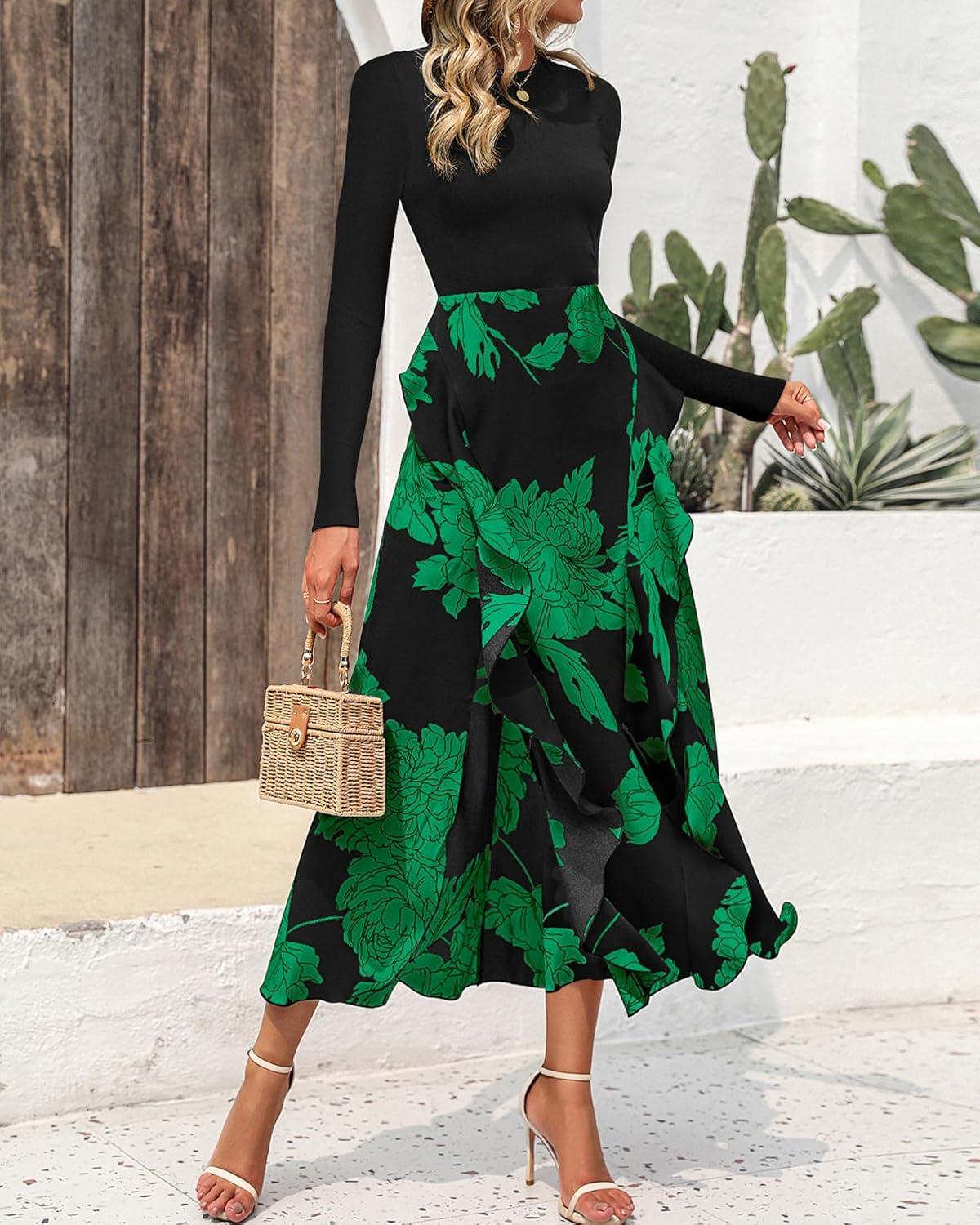 imageBTFBM Womens Floral Maxi Dress 2025 Spring Fall Casual Crewneck Long Sleeve Ruffle Flowy Cocktail Wedding Guest DressesBig Floral Green