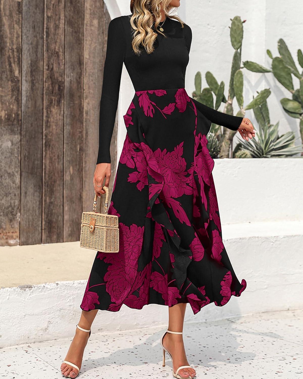 imageBTFBM Womens Floral Maxi Dress 2025 Spring Fall Casual Crewneck Long Sleeve Ruffle Flowy Cocktail Wedding Guest DressesBig Floral Purple Red