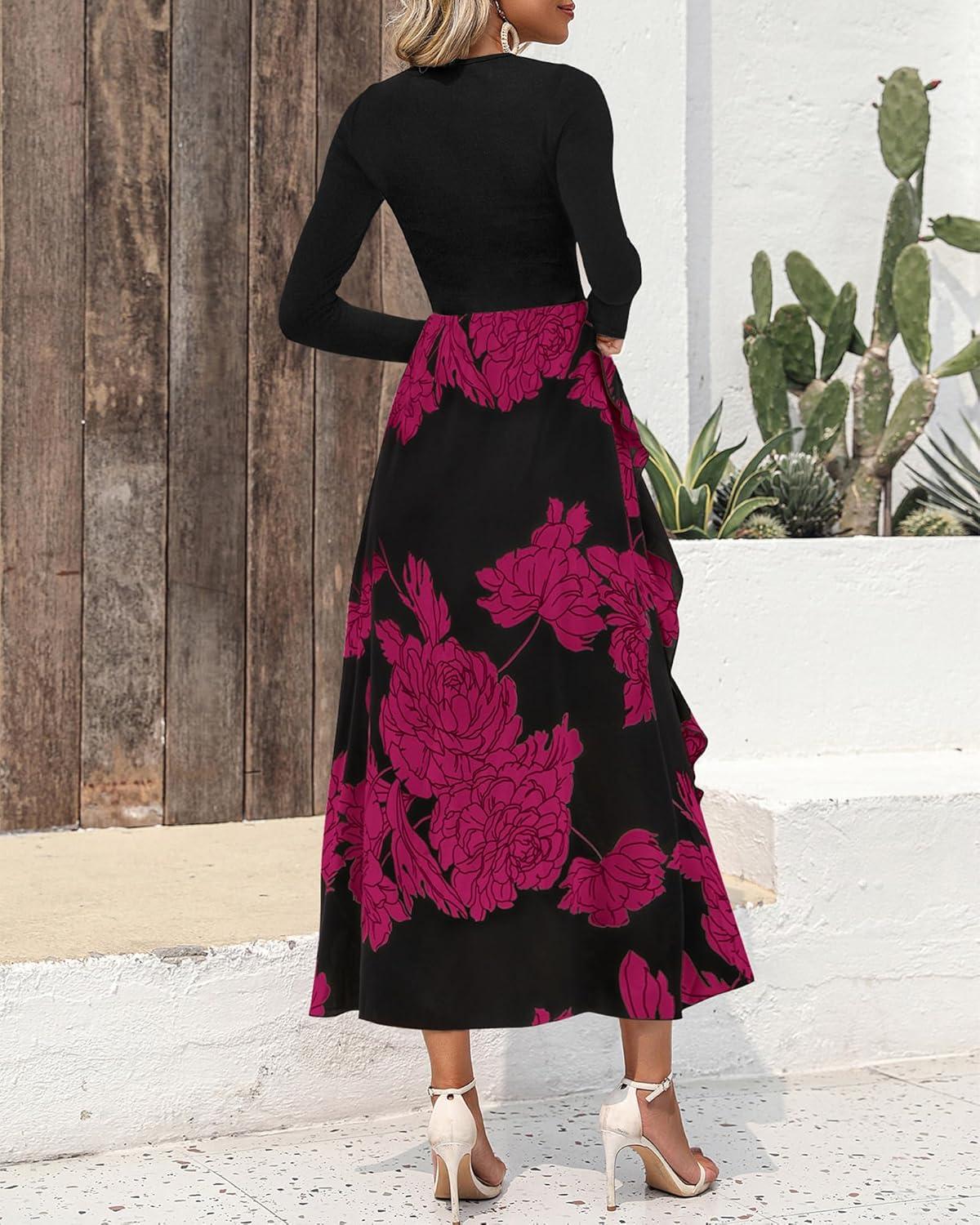imageBTFBM Womens Floral Maxi Dress 2025 Spring Fall Casual Crewneck Long Sleeve Ruffle Flowy Cocktail Wedding Guest DressesBig Floral Purple Red