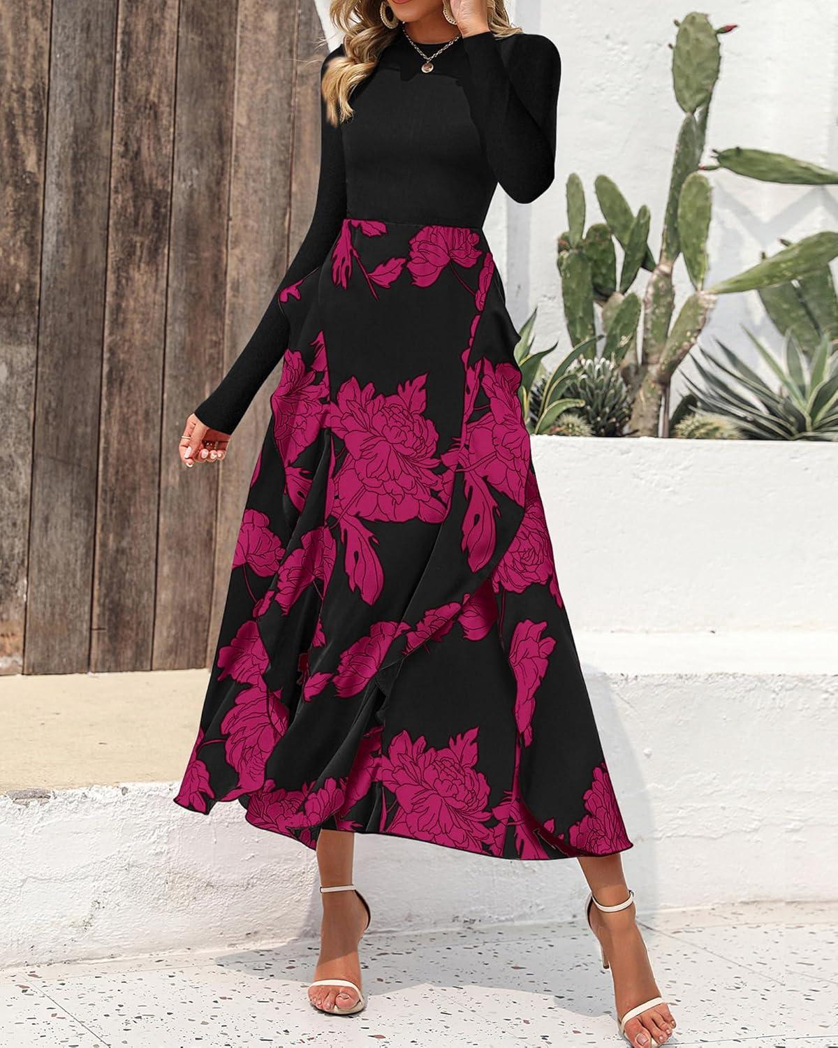 imageBTFBM Womens Floral Maxi Dress 2025 Spring Fall Casual Crewneck Long Sleeve Ruffle Flowy Cocktail Wedding Guest DressesBig Floral Purple Red