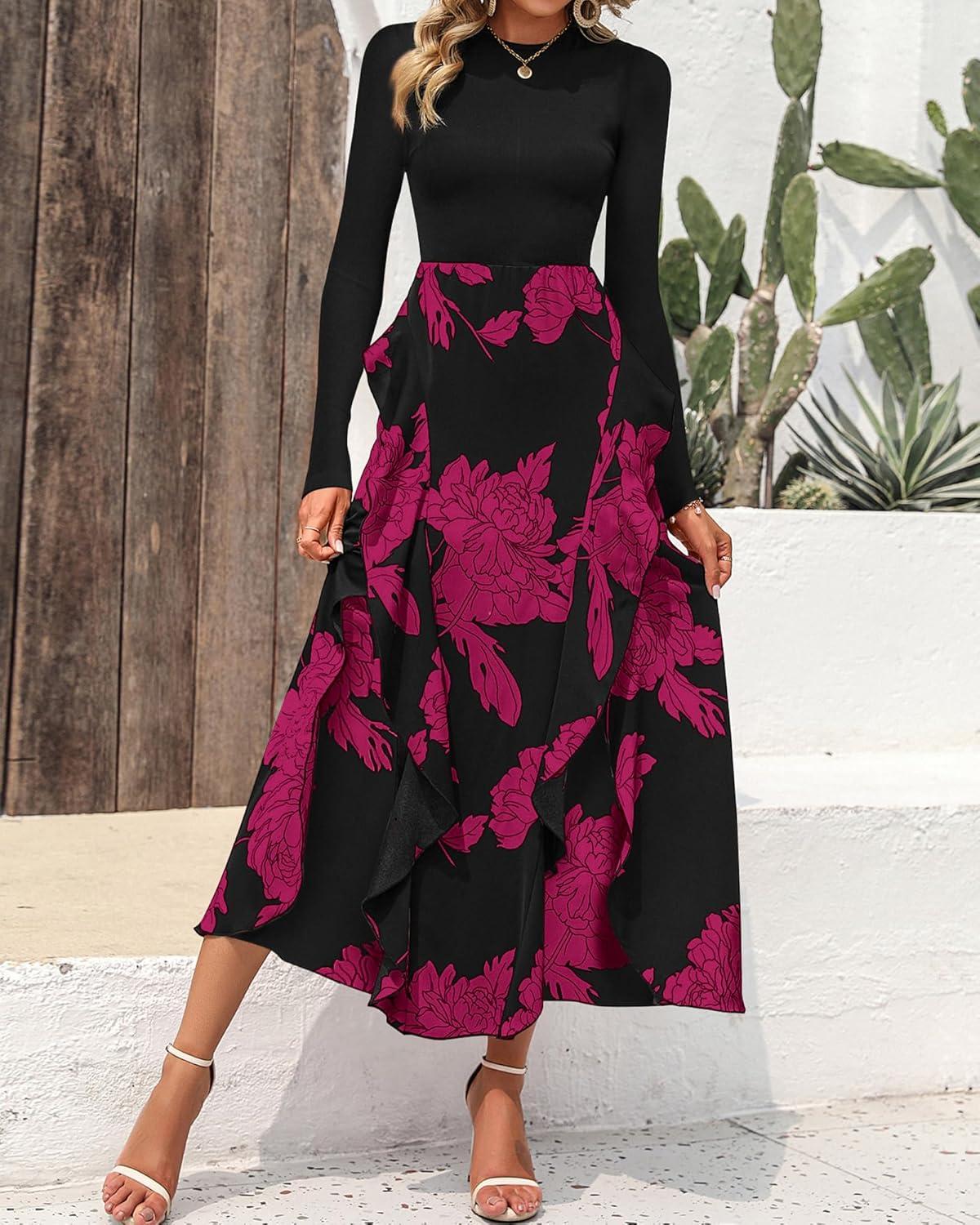 imageBTFBM Womens Floral Maxi Dress 2025 Spring Fall Casual Crewneck Long Sleeve Ruffle Flowy Cocktail Wedding Guest DressesBig Floral Purple Red