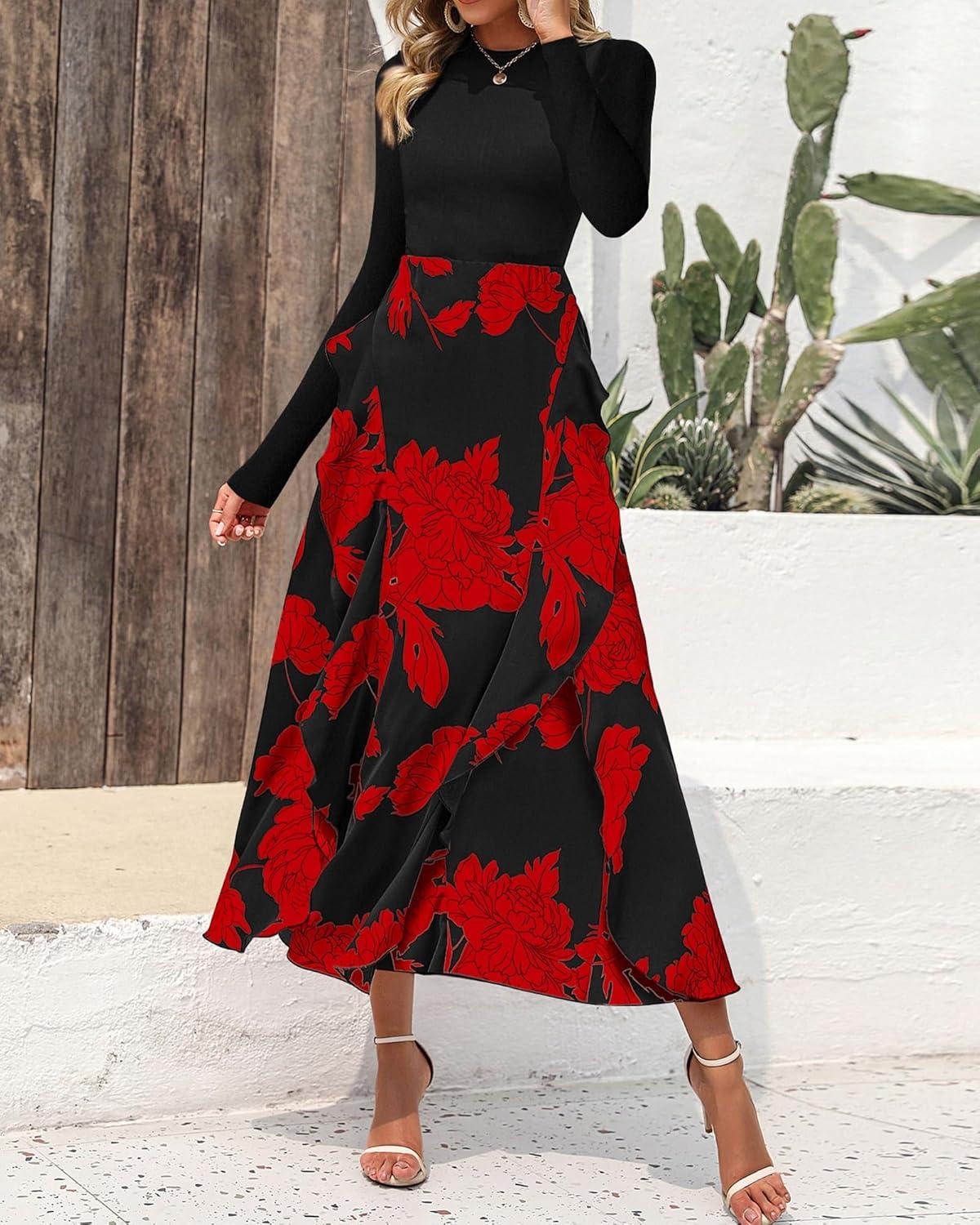 imageBTFBM Womens Floral Maxi Dress 2025 Spring Fall Casual Crewneck Long Sleeve Ruffle Flowy Cocktail Wedding Guest DressesBig Floral Red