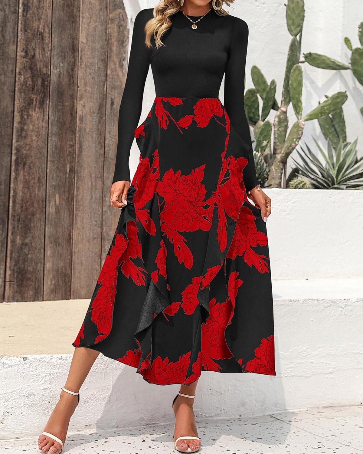 imageBTFBM Womens Floral Maxi Dress 2025 Spring Fall Casual Crewneck Long Sleeve Ruffle Flowy Cocktail Wedding Guest DressesBig Floral Red