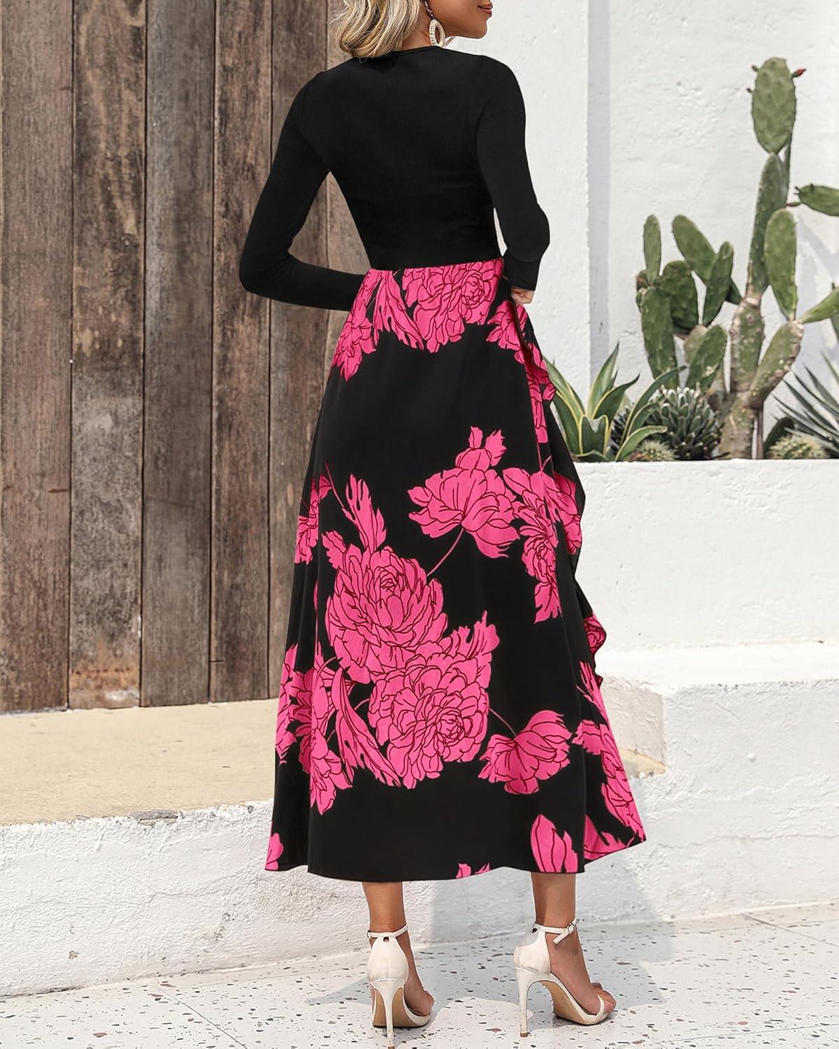 imageBTFBM Womens Floral Maxi Dress 2025 Spring Fall Casual Crewneck Long Sleeve Ruffle Flowy Cocktail Wedding Guest DressesBig Floral Rose Red