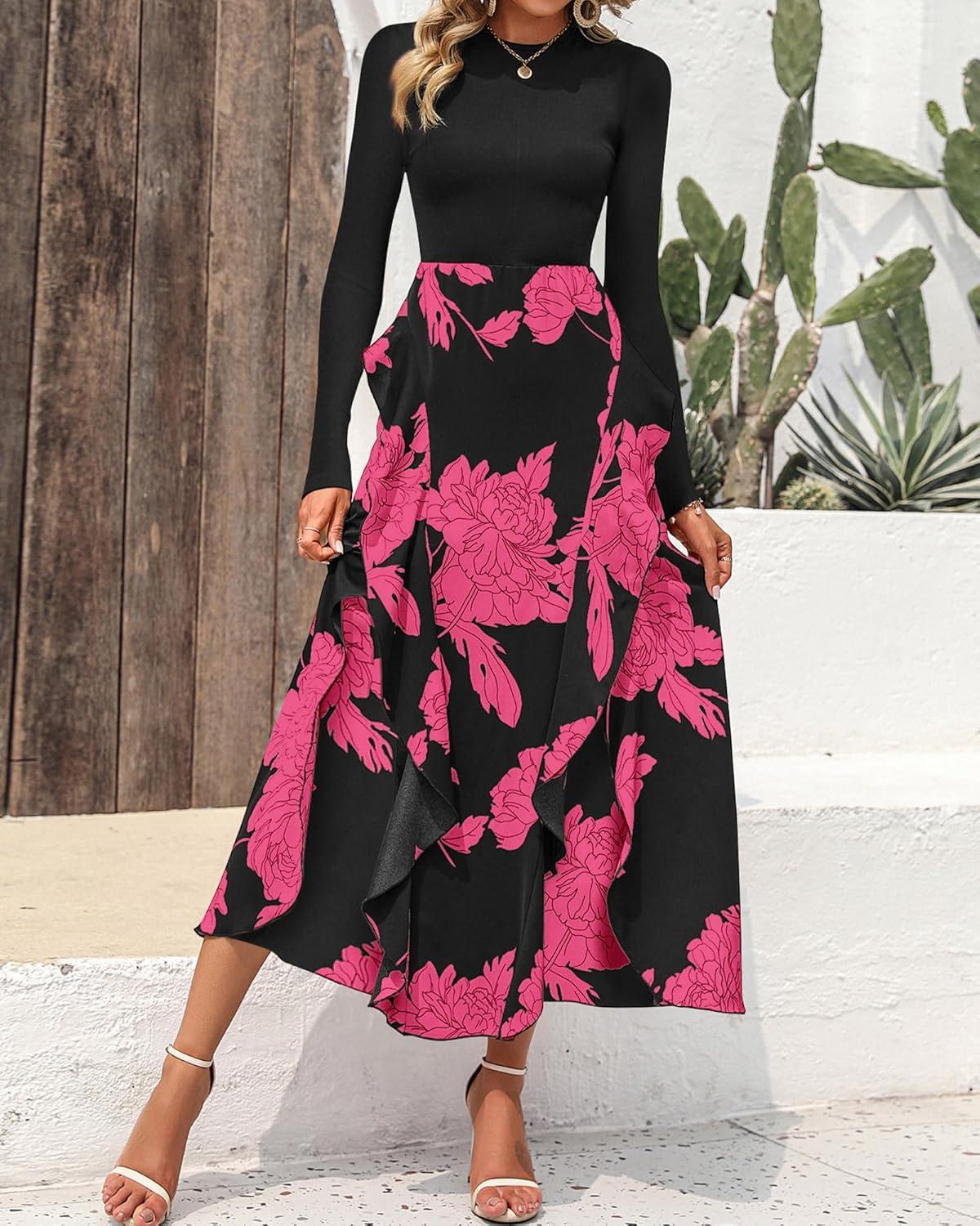 imageBTFBM Womens Floral Maxi Dress 2025 Spring Fall Casual Crewneck Long Sleeve Ruffle Flowy Cocktail Wedding Guest DressesBig Floral Rose Red