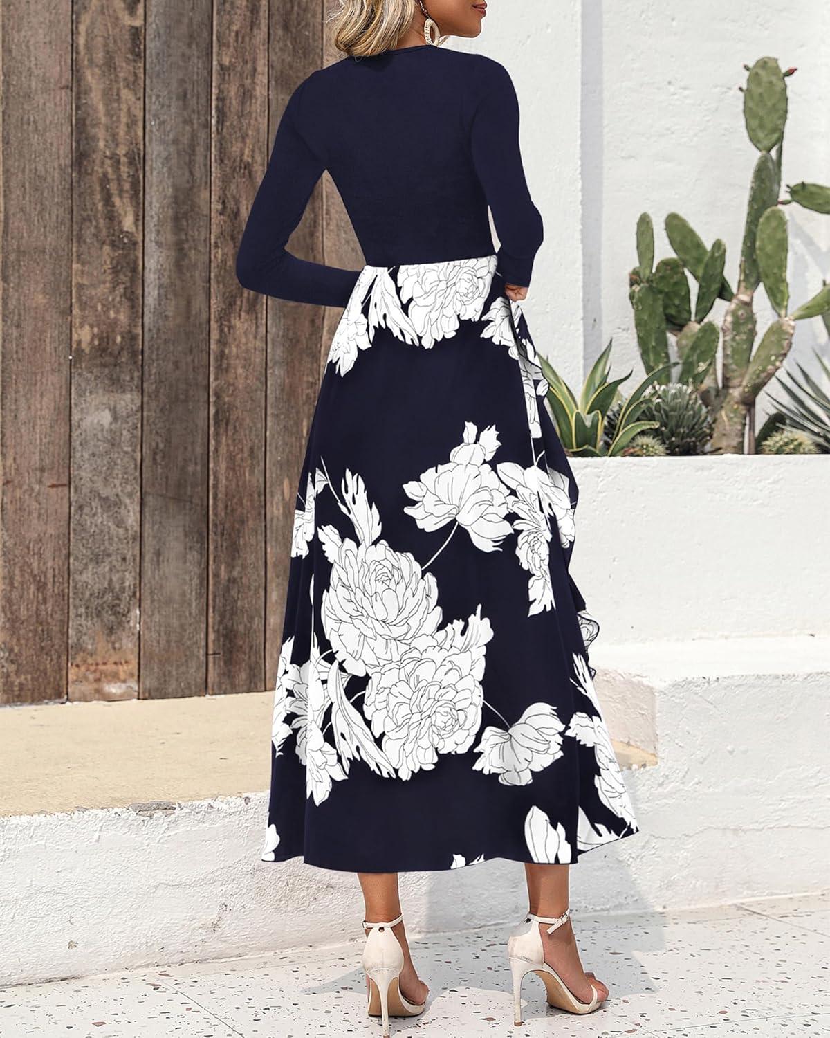 imageBTFBM Womens Floral Maxi Dress 2025 Spring Fall Casual Crewneck Long Sleeve Ruffle Flowy Cocktail Wedding Guest DressesBig Floral White Navy