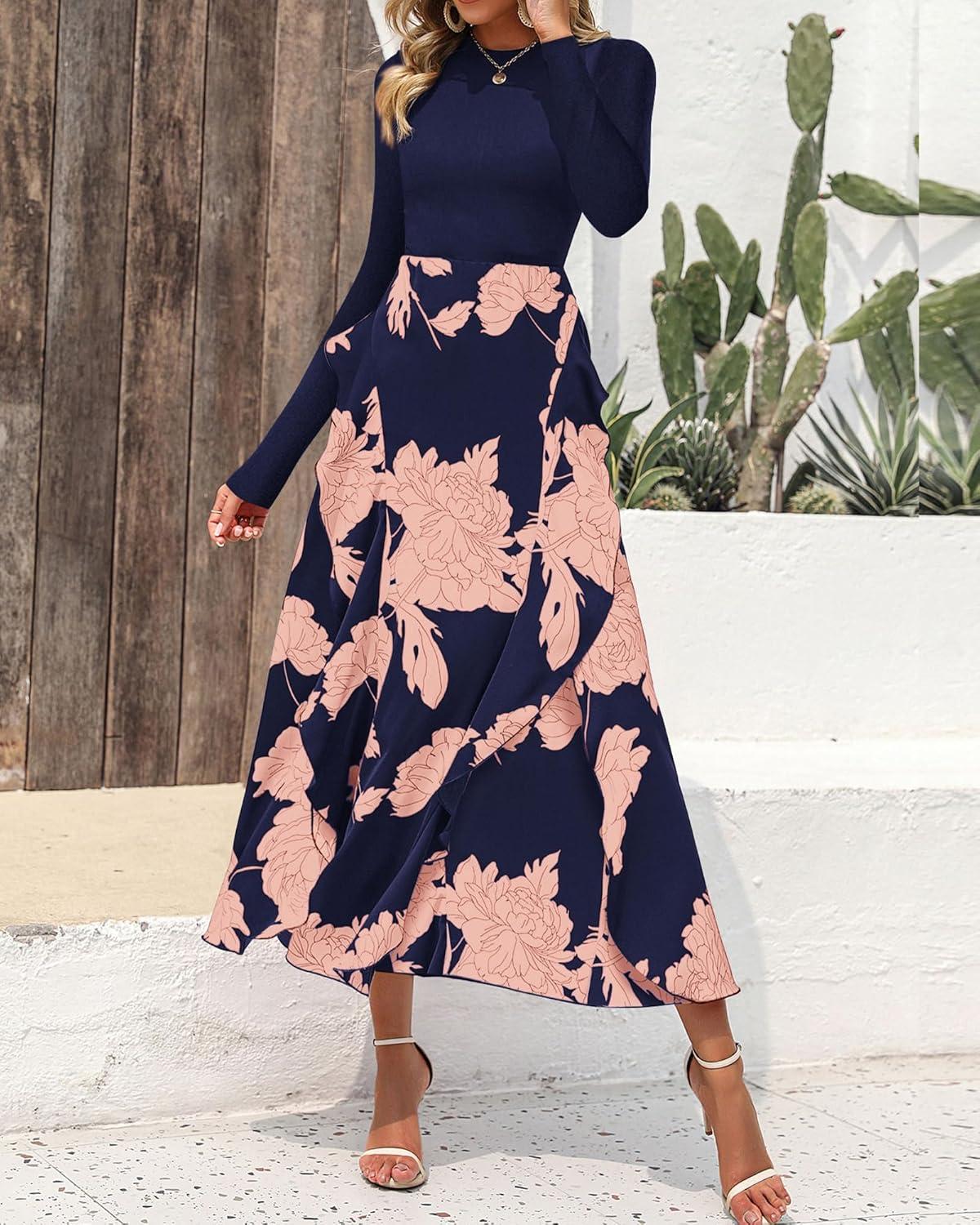 imageBTFBM Womens Floral Maxi Dress 2025 Spring Fall Casual Crewneck Long Sleeve Ruffle Flowy Cocktail Wedding Guest DressesPink Floral Navy