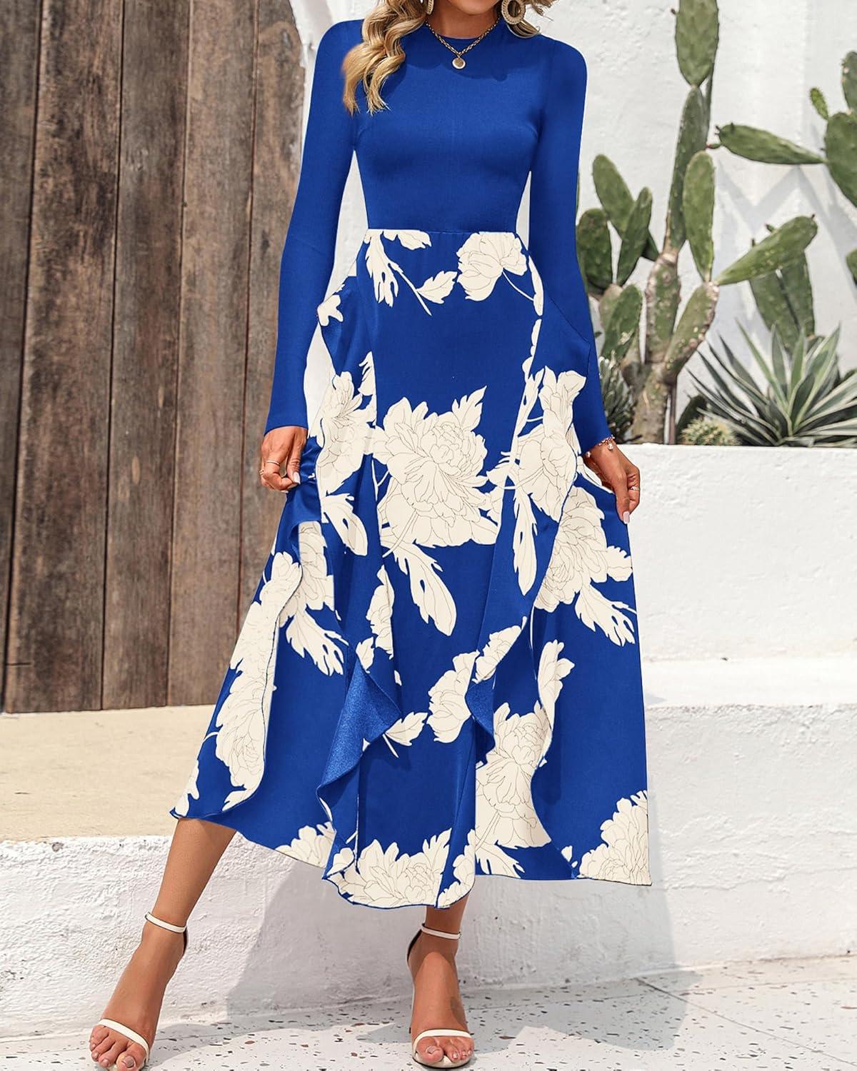 imageBTFBM Womens Floral Maxi Dress 2025 Spring Fall Casual Crewneck Long Sleeve Ruffle Flowy Cocktail Wedding Guest DressesWhite Floral Bright Blue