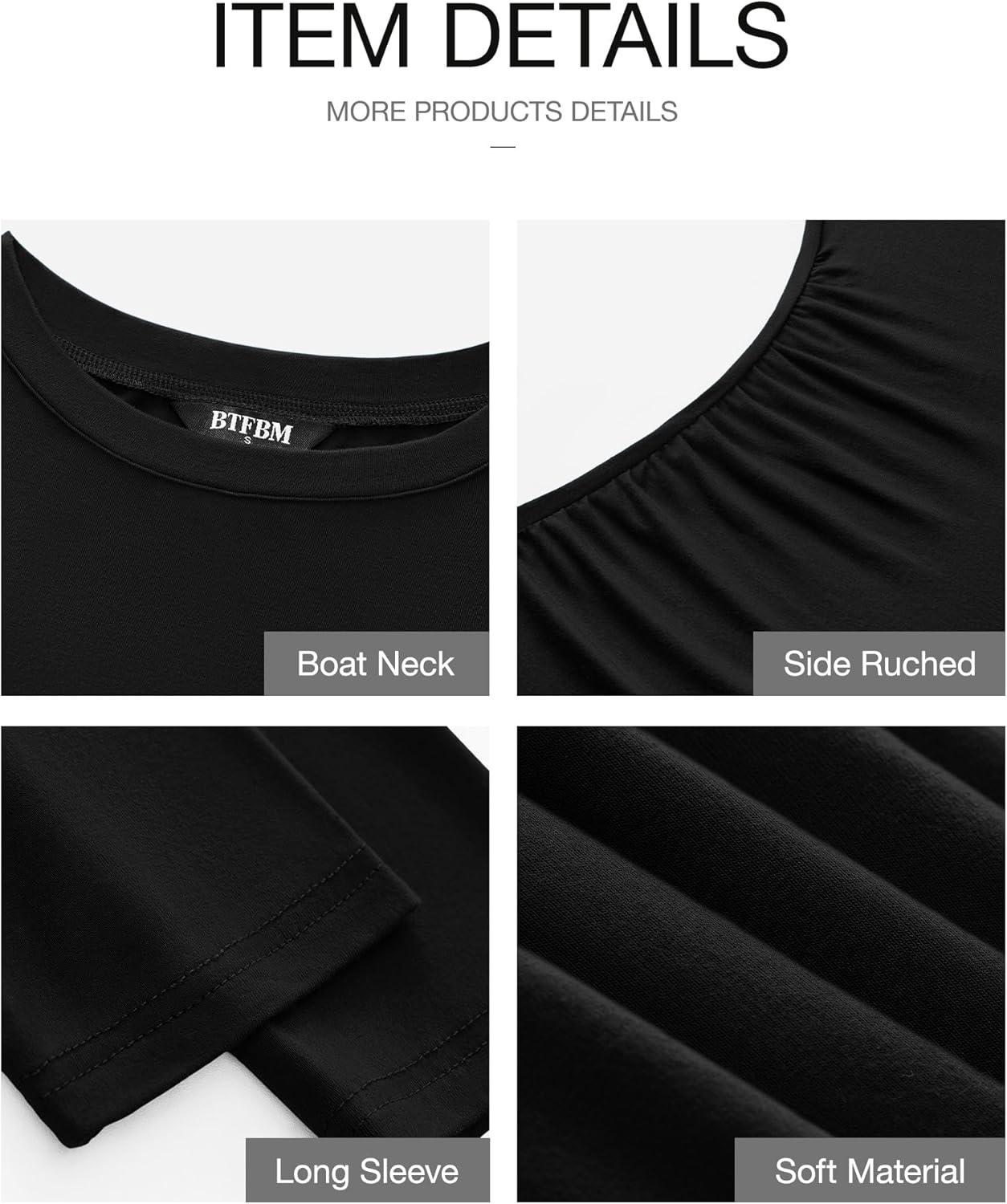 imageBTFBM Womens Spring Fashion 2025 Long Sleeve Boat Neck Mini Dress Slim Fit Party Club Short Tight Basic Bodycon DressesBlack