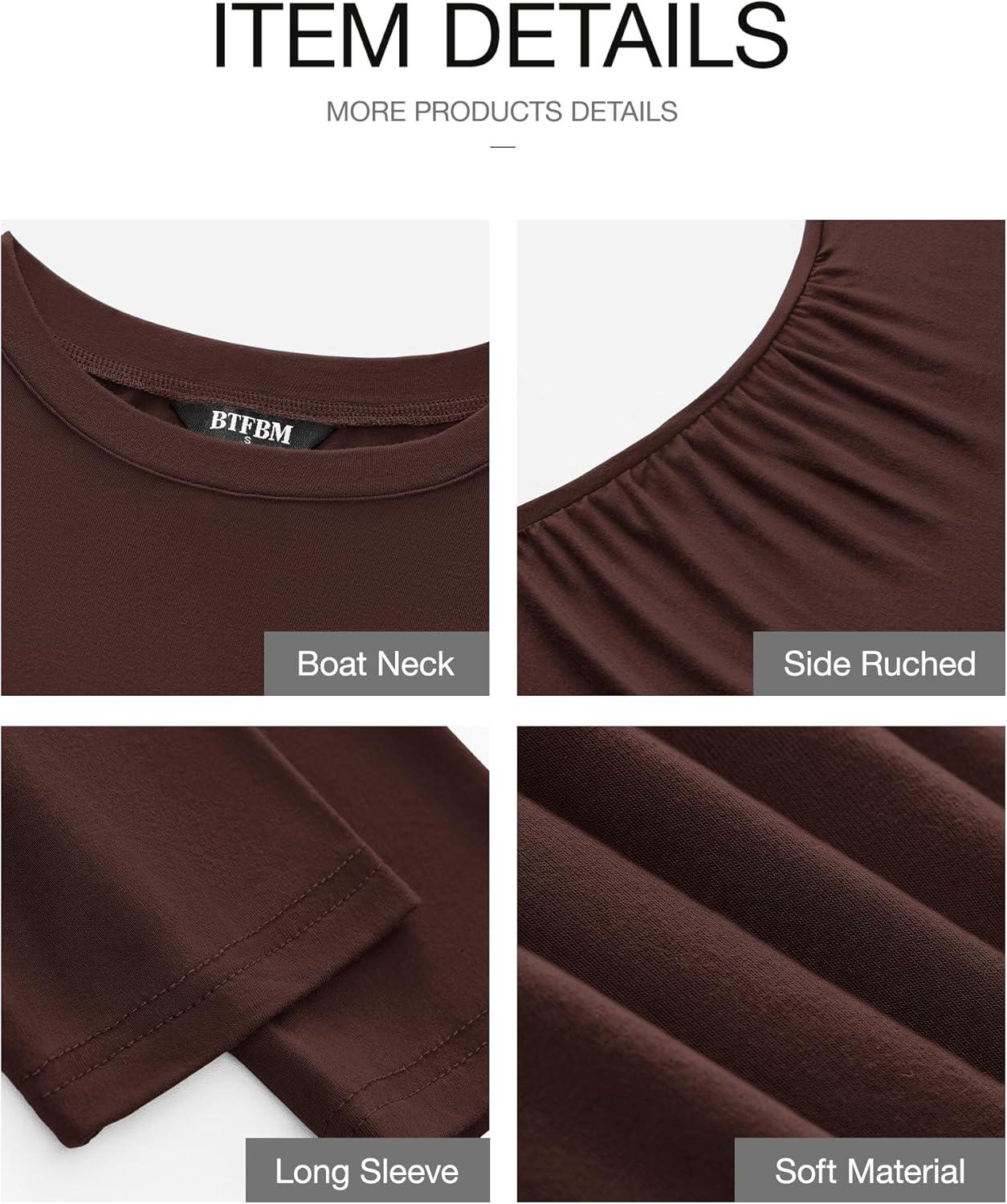 imageBTFBM Womens Spring Fashion 2025 Long Sleeve Boat Neck Mini Dress Slim Fit Party Club Short Tight Basic Bodycon DressesBrown