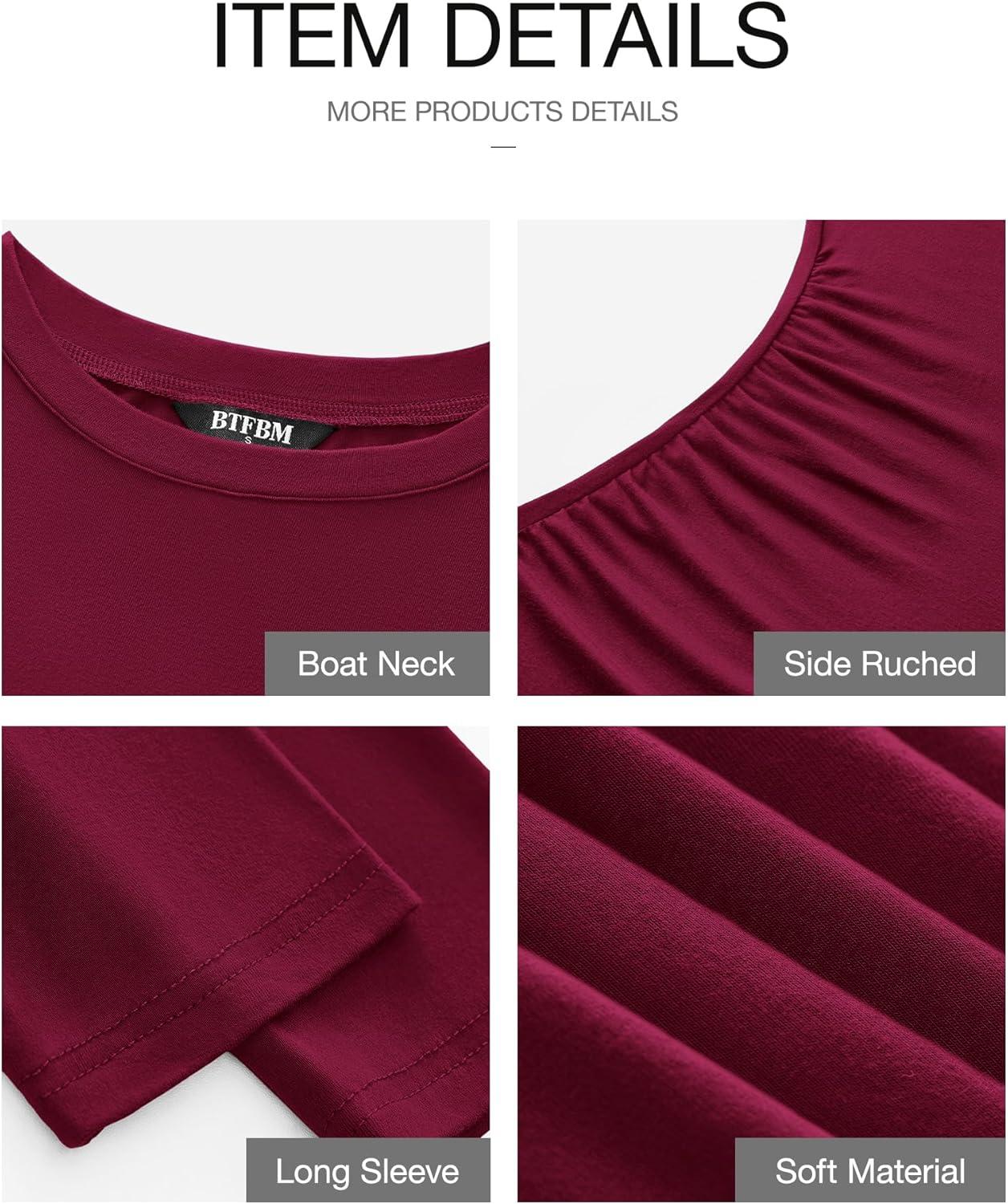 imageBTFBM Womens Spring Fashion 2025 Long Sleeve Boat Neck Mini Dress Slim Fit Party Club Short Tight Basic Bodycon DressesWine Red