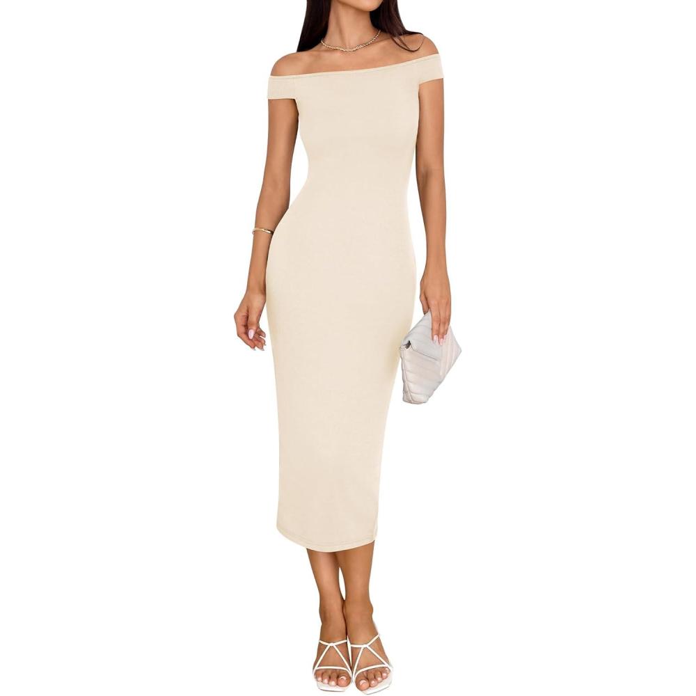imageBTFBM Summer Dresses for Women 2025 Formal Maxi Sleeveless Off Shoulder Knit Bodycon Slit Cocktail Wedding Guest DressApricot