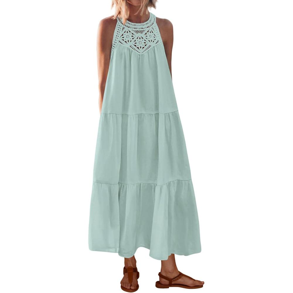 imageBTFBM Summer Halter Dresses for Women 2025 Casual Spring Hollow Out Sleeveless Boho Sundresses Beach Vacation Maxi DressMint Green