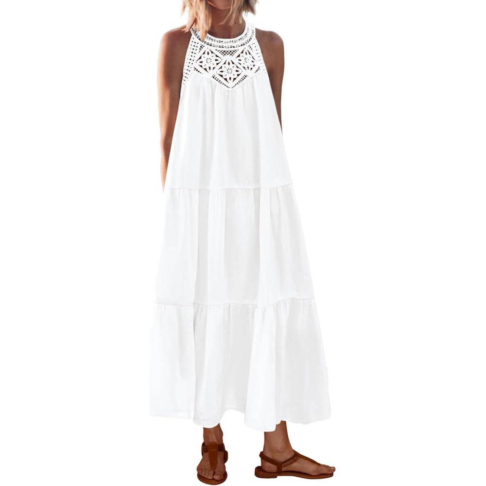 imageBTFBM Summer Halter Dresses for Women 2025 Casual Spring Hollow Out Sleeveless Boho Sundresses Beach Vacation Maxi DressWhite