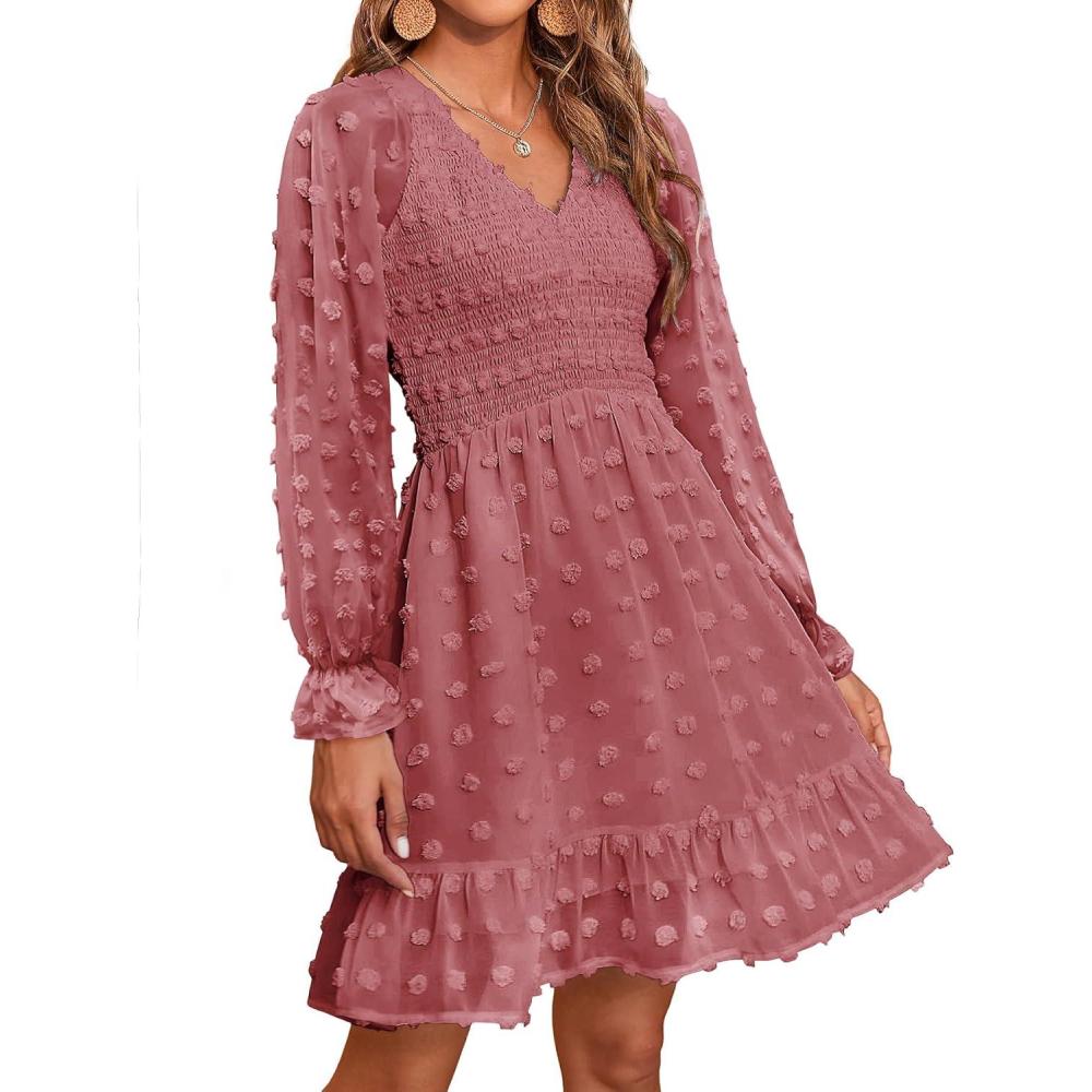 imageBTFBM Women Smocked Short Dress V Neck Long Sleeve Casual Swiss Dot Ruffle Chiffon Flowy Mini Summer Spring Dresses 2025Solid Bean Paste Red