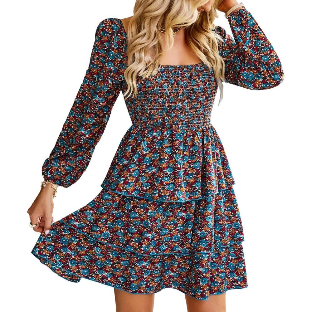 imageBTFBM Women Square Neck Smocked Dresses 2025 Summer Spring Long Sleeve Floral Swiss Dot Mini Boho Wedding Guest DressFloral Blue Orange