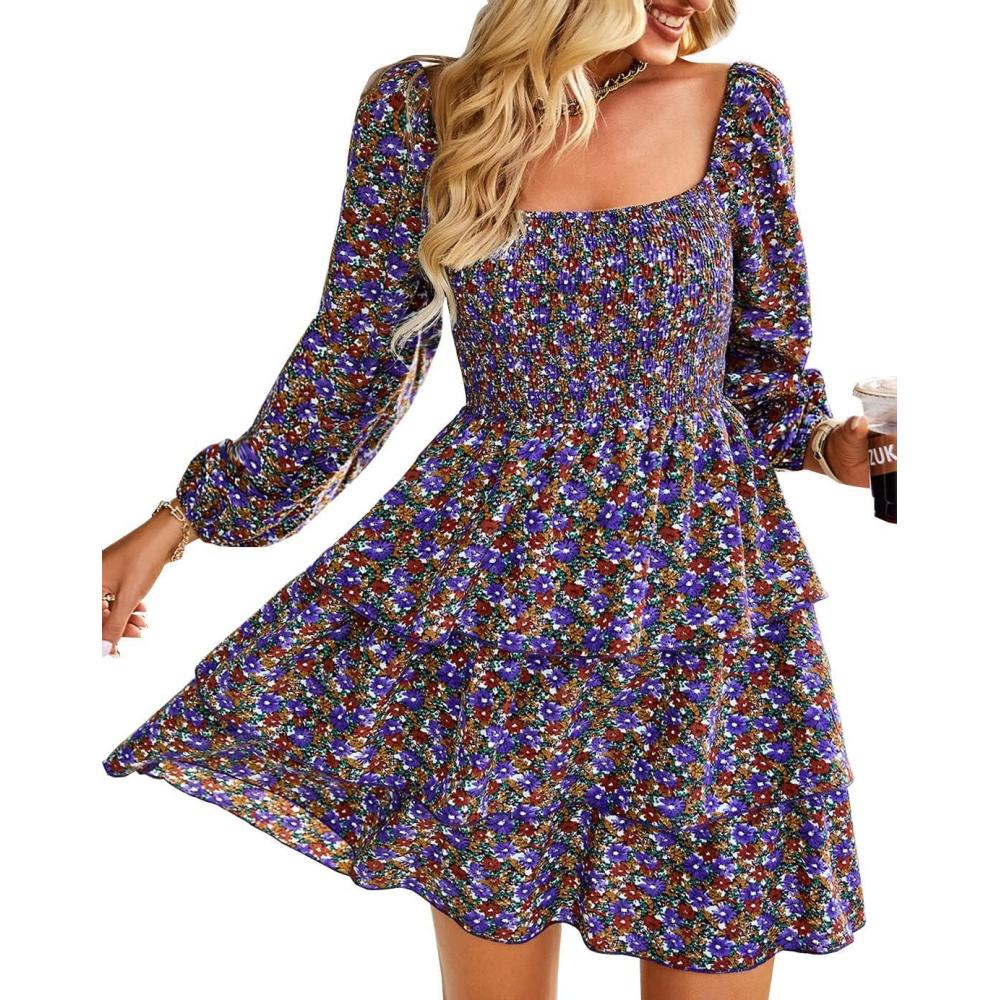 imageBTFBM Women Square Neck Smocked Dresses 2025 Summer Spring Long Sleeve Floral Swiss Dot Mini Boho Wedding Guest DressFloral Purple Red