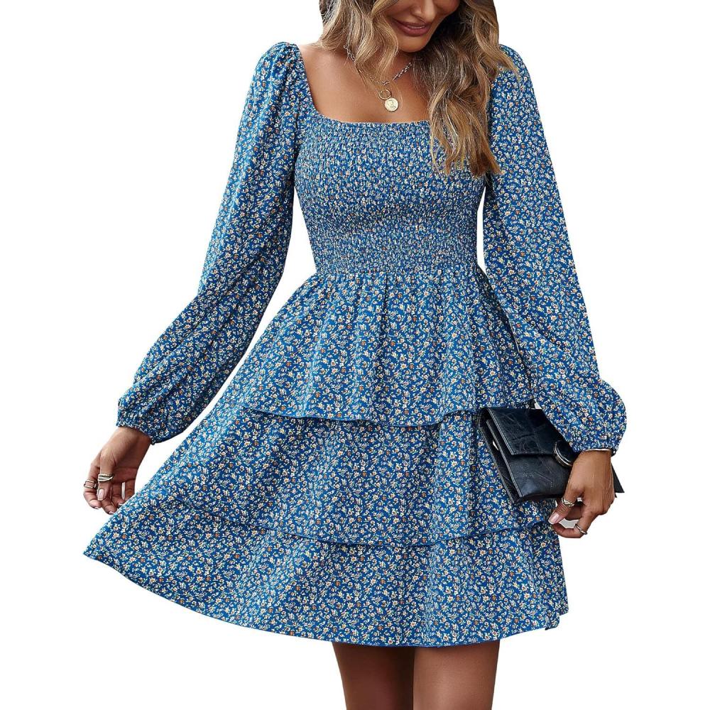 imageBTFBM Women Square Neck Smocked Dresses 2025 Summer Spring Long Sleeve Floral Swiss Dot Mini Boho Wedding Guest DressFloral Royal Blue