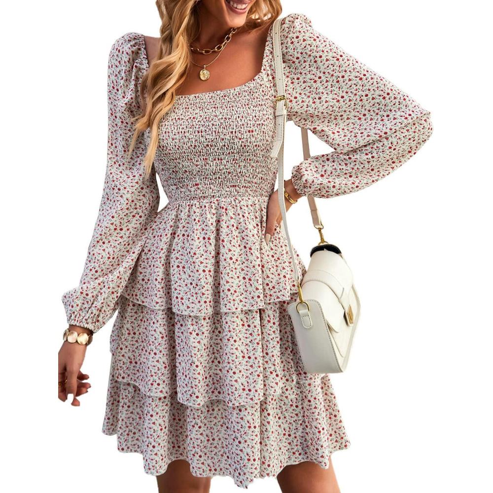 imageBTFBM Women Square Neck Smocked Dresses 2025 Summer Spring Long Sleeve Floral Swiss Dot Mini Boho Wedding Guest DressFloral White Red