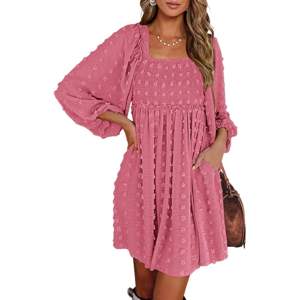 imageBTFBM Women Square Neck Smocked Dresses 2025 Summer Spring Long Sleeve Floral Swiss Dot Mini Boho Wedding Guest DressSwiss Dot Bean Paste Red