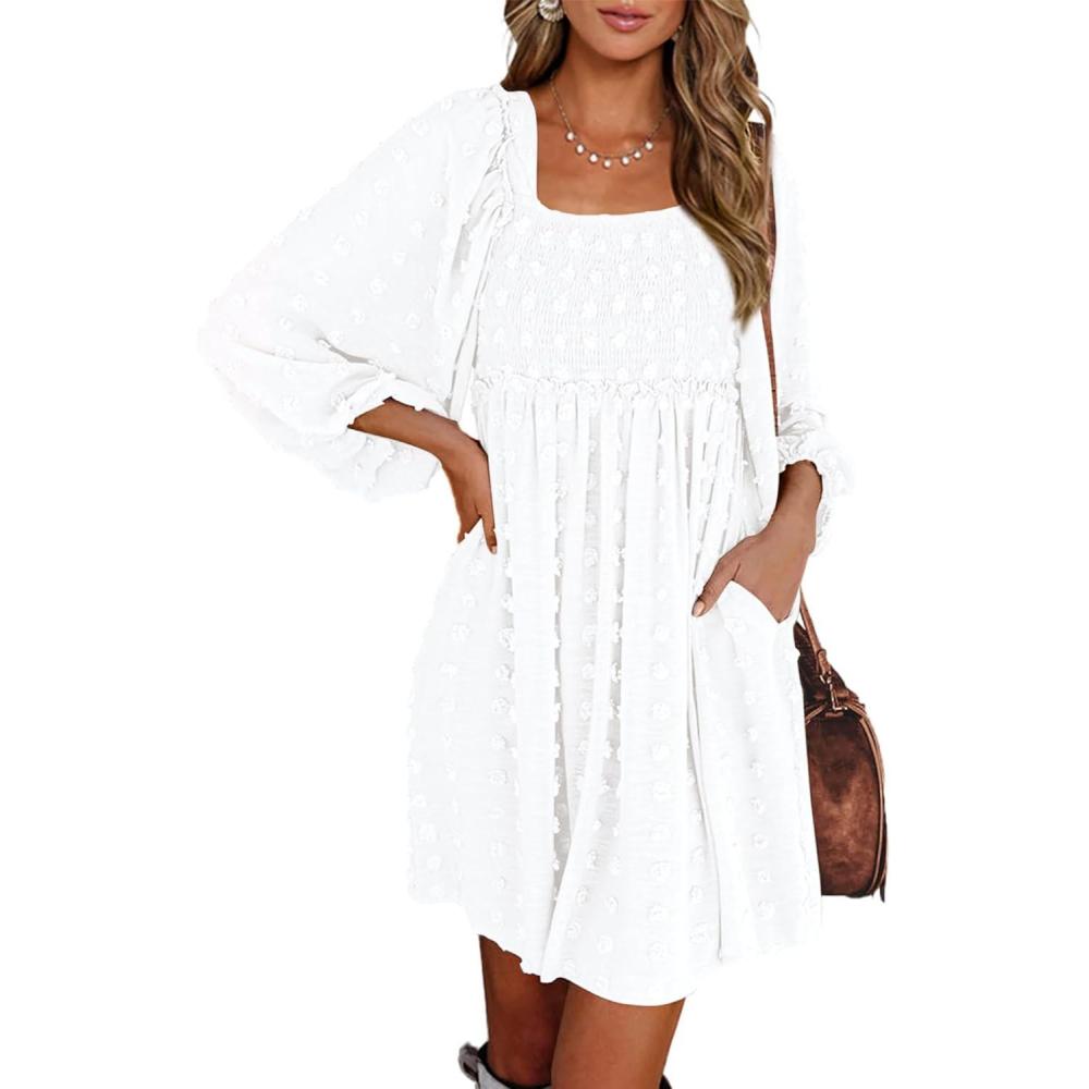 imageBTFBM Women Square Neck Smocked Dresses 2025 Summer Spring Long Sleeve Floral Swiss Dot Mini Boho Wedding Guest DressSwiss Dot White